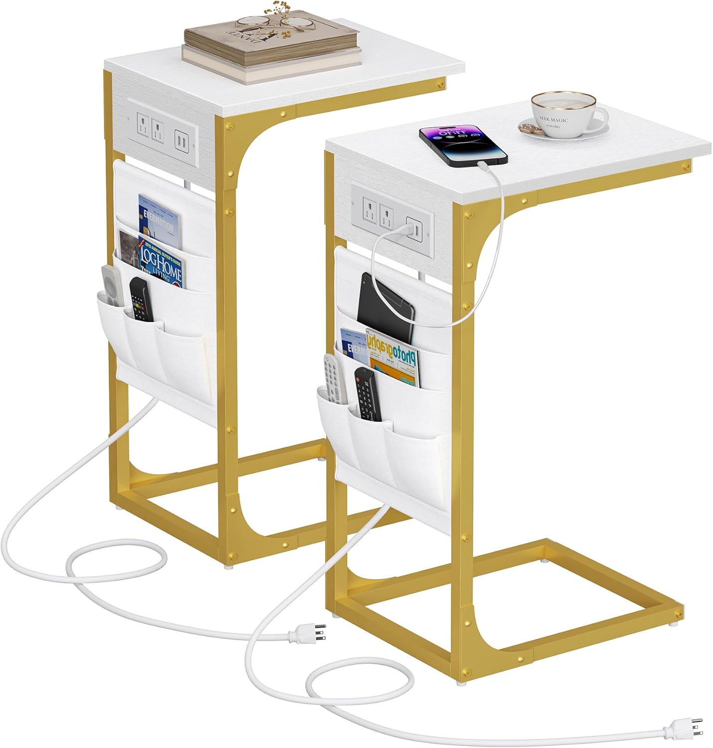 TUTOTAK C Shaped End Table with Charging Station, Side Table for Sofa, Couch Table with Storage Bag, Set of 2, TV Tray Table with 2 USB Ports and Outlets for Living Room, Bedroom, TB01BWG0242