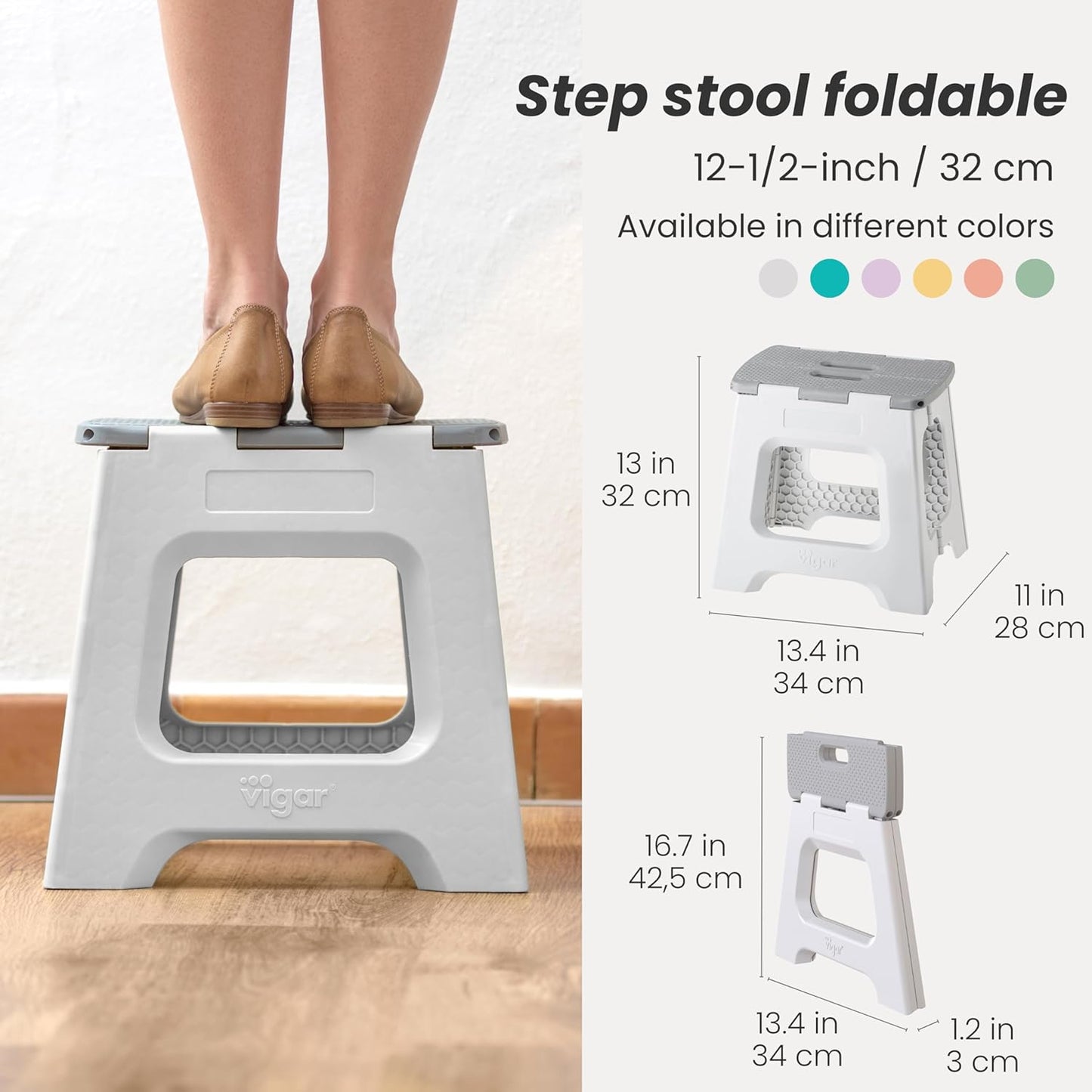 Vigar Compact Step Stool Foldable, 12-1/2-inch Step Stools for Adults up to 330 Pound, Lightweight Stool, Non-Slip Folding Step Stool, Gray