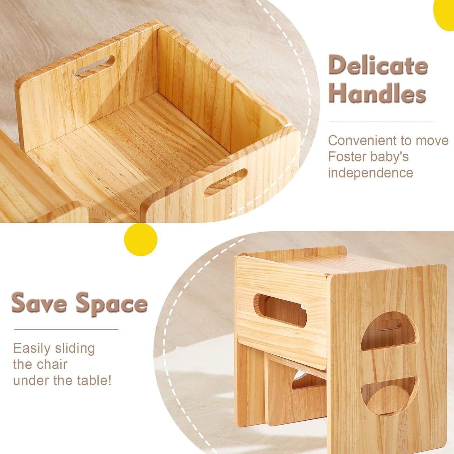 FUNLIO Height Adjustable Montessori Table and Chair Set for Age 1-3, Solid Wood Toddler Table and Chair Set, Weaning Baby Table Chair Set for Reading/Eating/Playing, Easy to Assemble - Natural