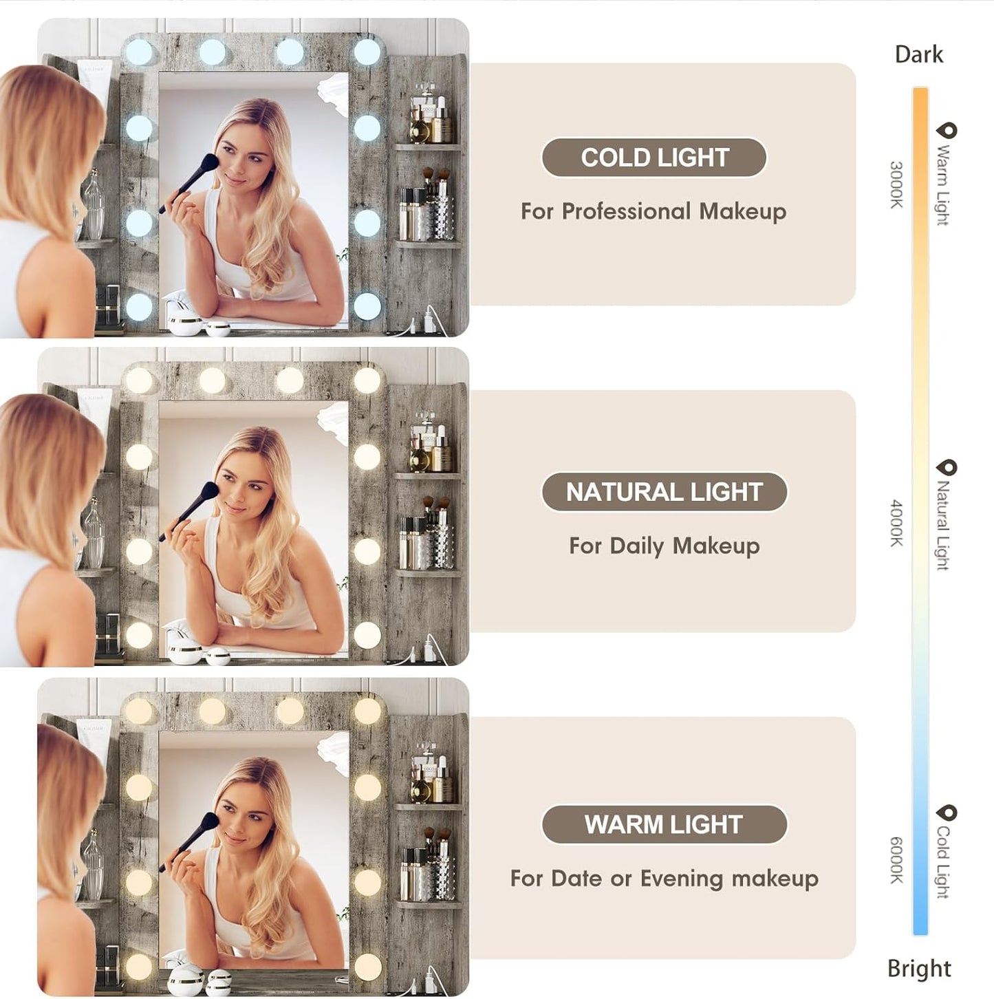 Vabches Vanity Desk with Mirror and Lights,Makeup Vanity Table with Charging Station,2 Drawer Bedroom Dressing Table with 3 Colors Modes Dimming & Cushioned Stool,Light Rustic Oak