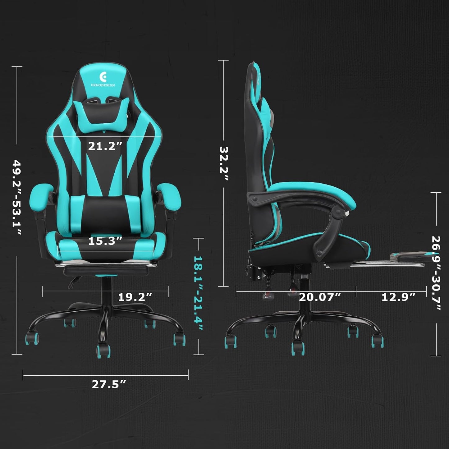 Gaming Chair with Linkage Armrest & Footrest, High Back Video Gaming Chair, Black/Light Blue