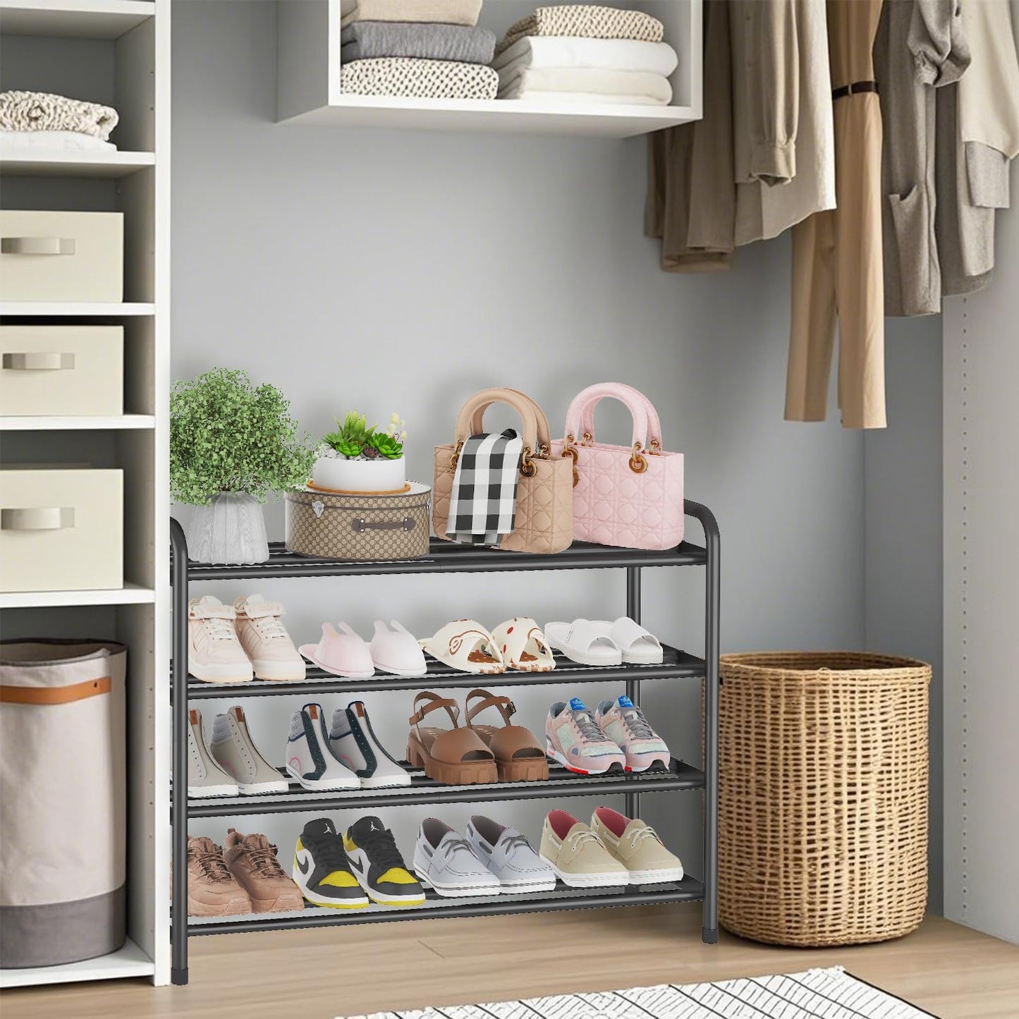 KANAV 4-Tier Expandable Shoe Rack – Adjustable Shoe Organizer & Shoe Storage for Closet, Entryway, and Front Door – Space-Saving Shoe Shelf and Rack Organizer for Home - Black