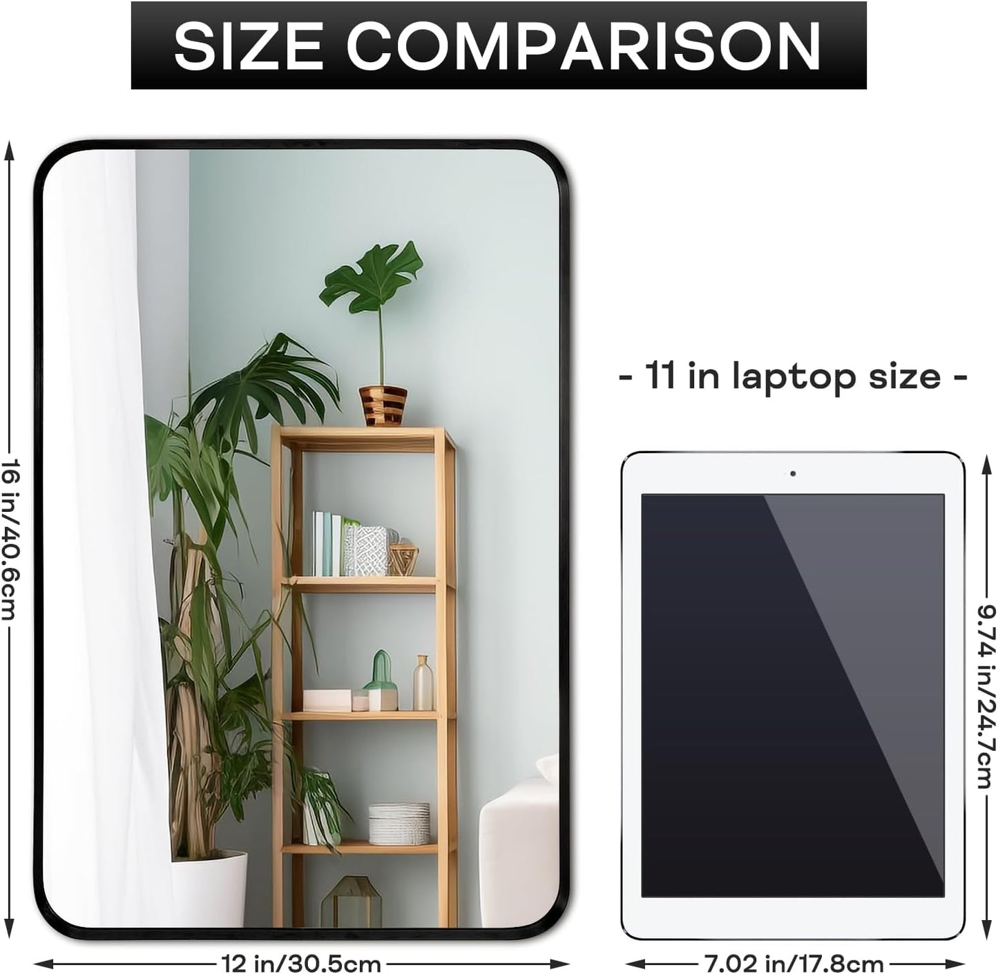 Wall Mount Small Mirror, Brushed Black Metal Framed Rounded Corner Rectangular Makeup Mirror for Bathroom, Bedroom, Living Room (12" x 16",Black)