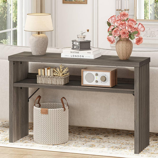 BON AUGURE Sofa Console Table, Wood Entryway Table, Grey Behind Couch Tables with Open Storage, Modern Narrow Hallway Tables (Greige Oak, 47 Inches)