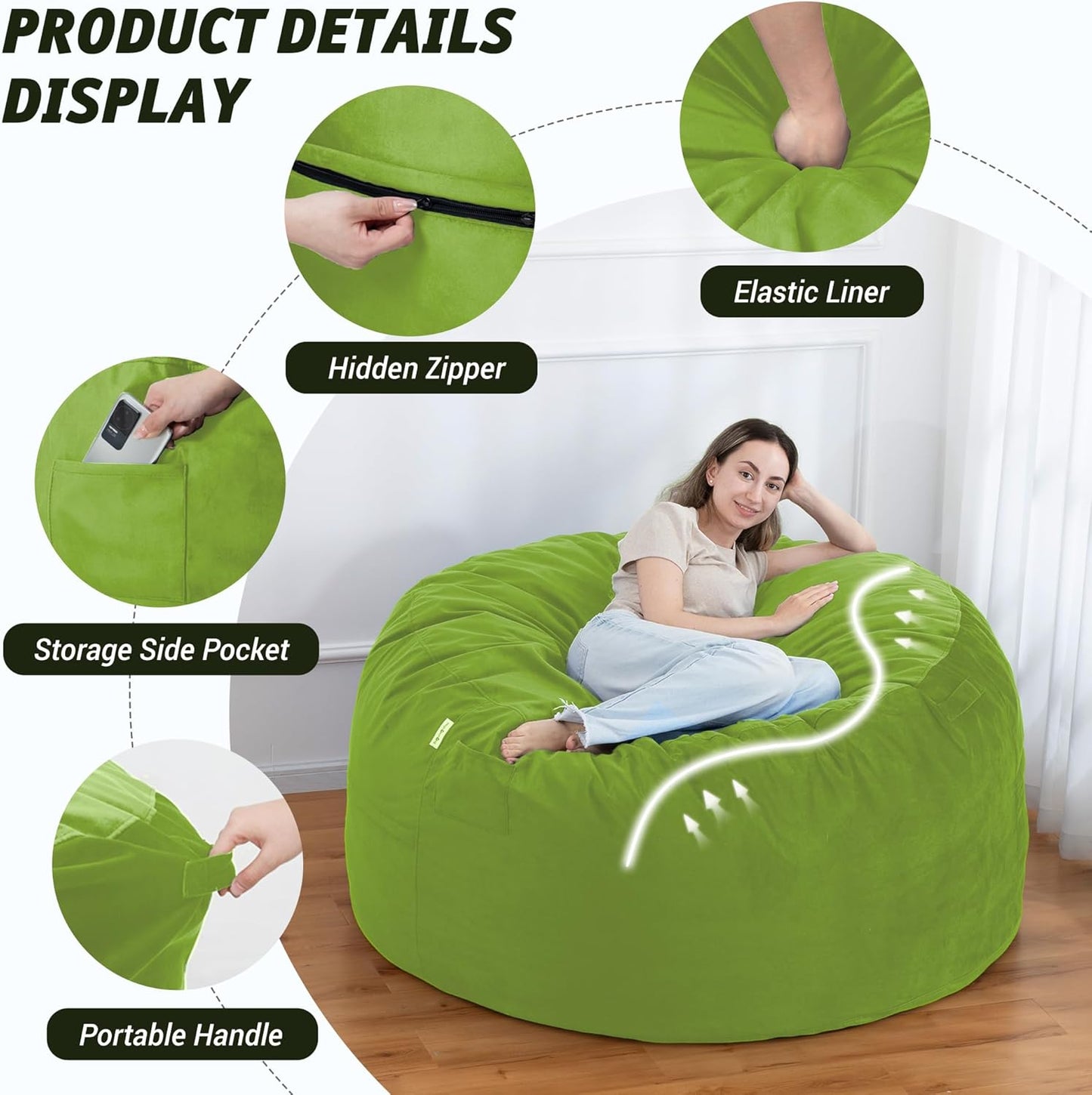 5FT Bean Bag Chair with Ultra Soft Velvet Cover Bean Bag Sofa with Memory Foam Bean Bag Chairs with Large Size Lazy Sofa for Dorm Office Living Room Bedroom Grass Green 5'