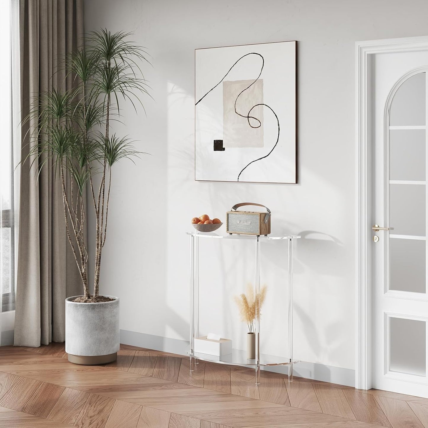 Acrylic Console Table, 2-Tier Half Moon Sofa Couch Table with Storage Shelf, 29.53" Narrow Entryway Table for Bedroom, Living Room, Foyer, Hallway (Clear)