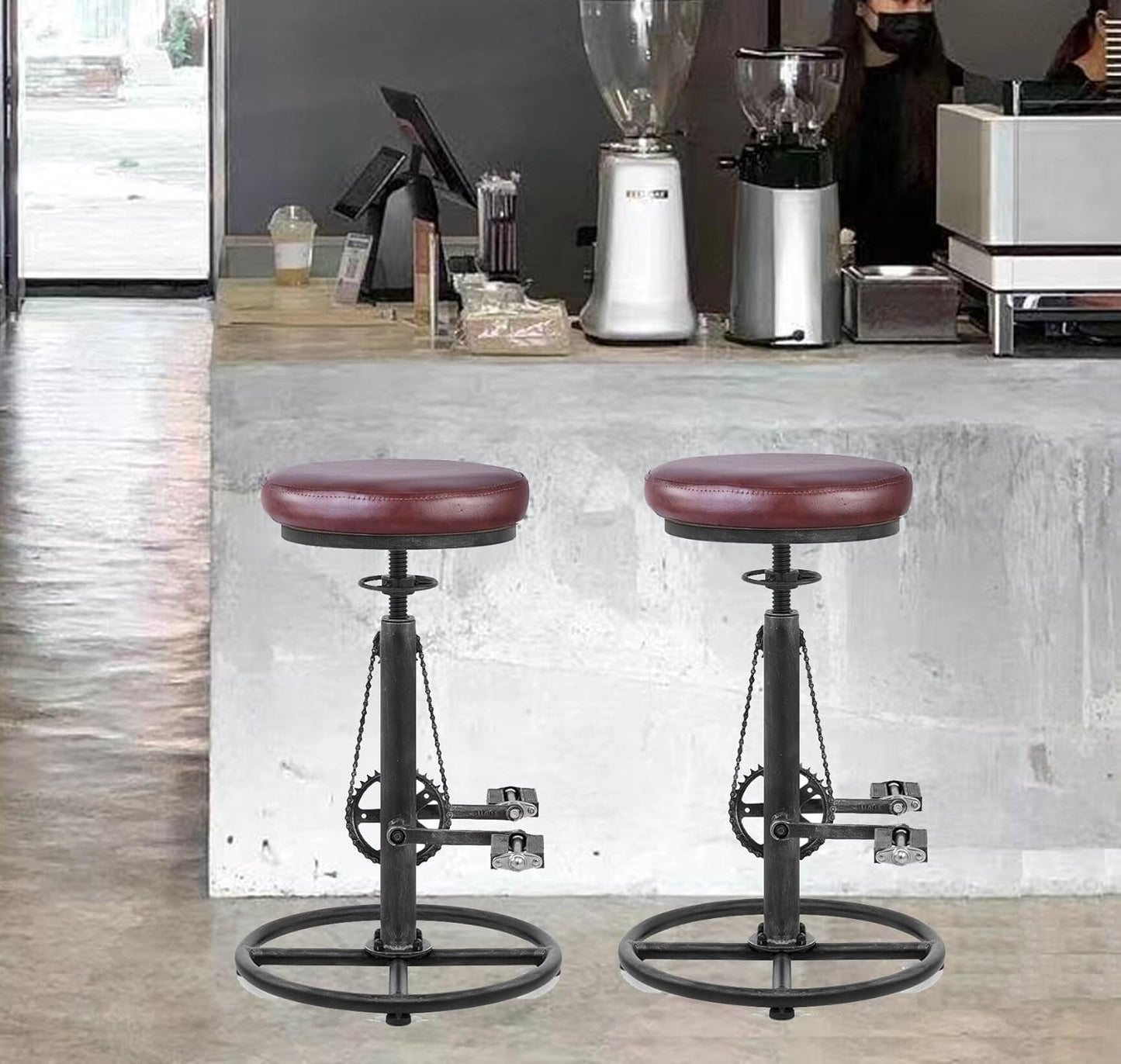 Topower Vintage DIY Bar Stool Bicycle Chain Iron Pedal Retro Industrial Height Adjustable Bicycle Wheel Design bar Chair Set of 2 Silver