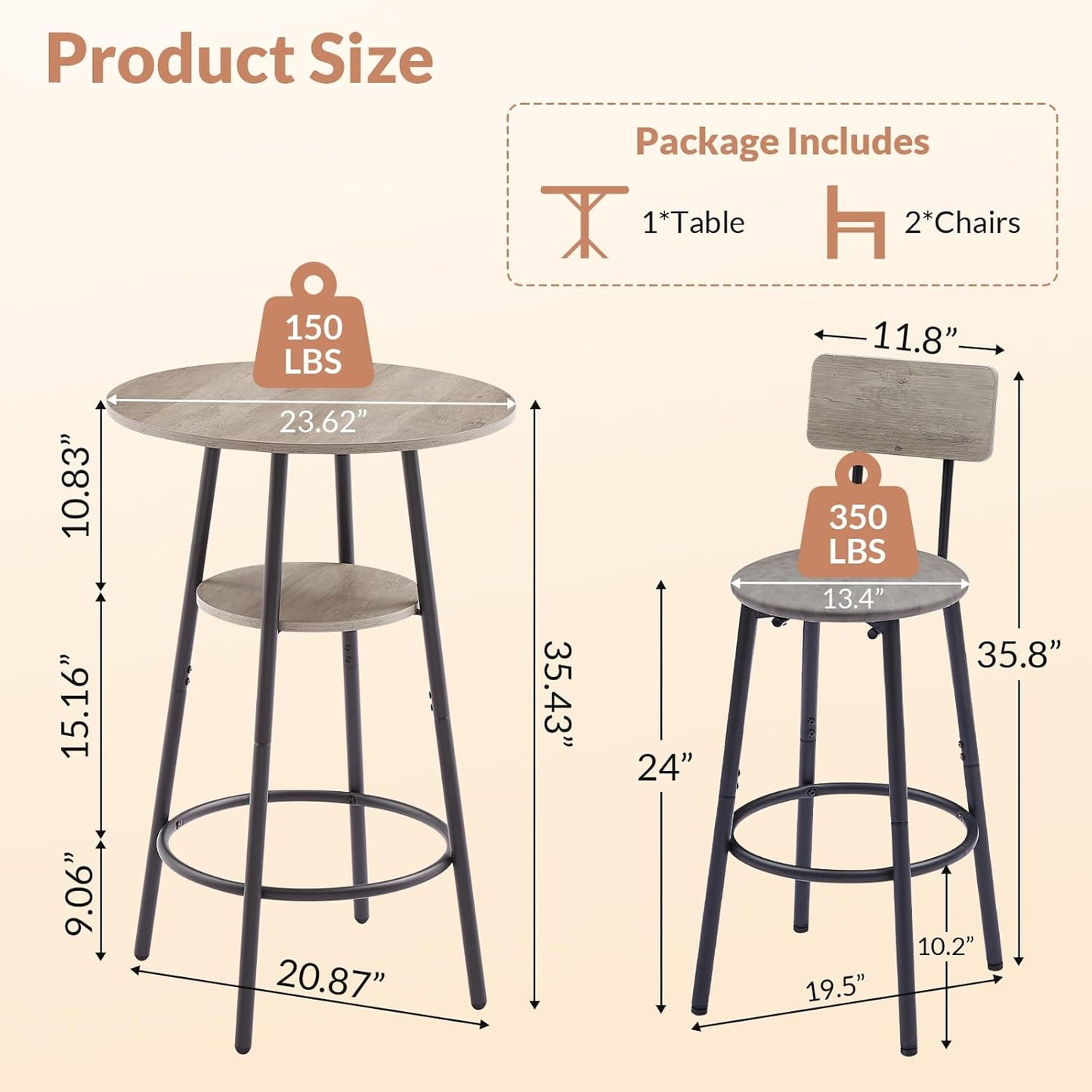 3 Pieces Round Bar Table Set, Small Dining Table for 2, Breakfast Table with Storage, Modern Kitchen Bar Table, 2 Upholstered Stools with Backrest for Kitchen, Dining Room & Bistro-Grey
