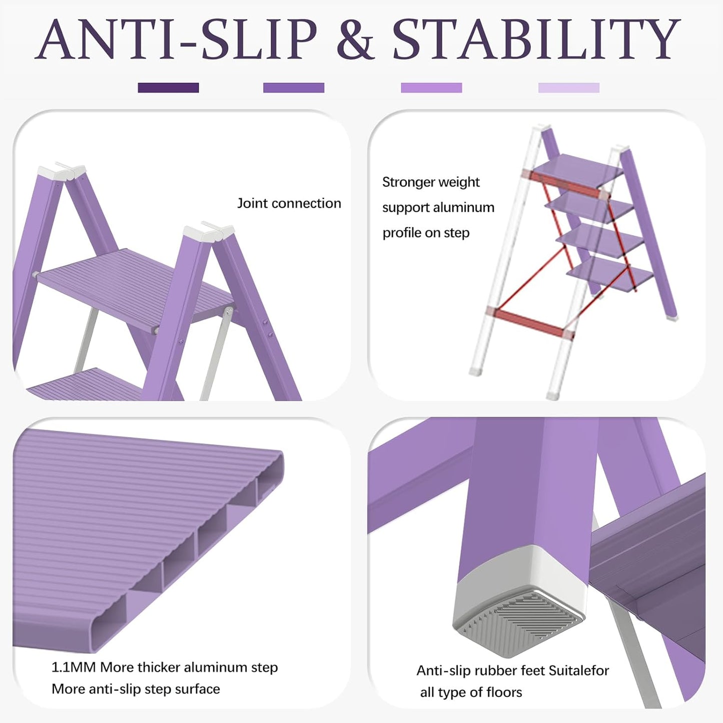 Lightweight Folding Step Ladder Household, Aluminum 4 Step Ladder Foldable for Home, Sturdy Step Stool for Adults 330 Lbs - Purple
