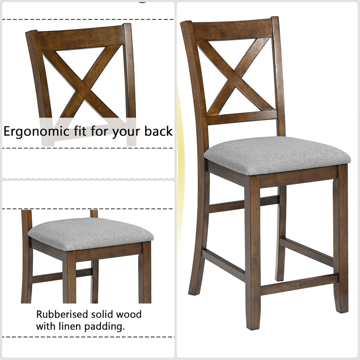 Dining Table Set for 4, Modern 5 Piece Dining Room Table Set with Square Table & 4 X-Shaped Backrest Upholstered Chairs, Counter Height Kitchen Chairs Set for Small Space, Walnut