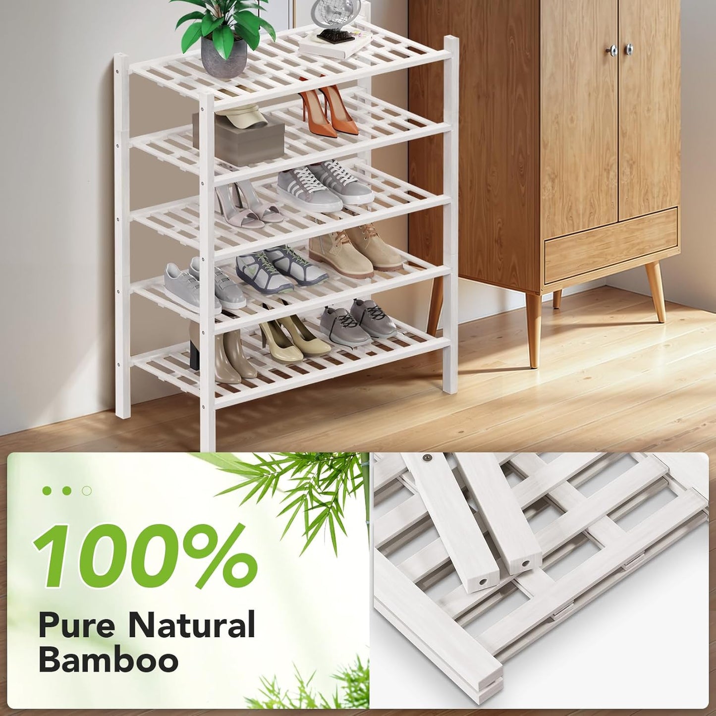Haddockway 5 Tier Bamboo Shoe Rack Storage Organizer, Multifunctional Free Standing Stackable Shoe Shelf with Grid Panel for Closet,Hallway,Entryway,Small Space 27"x11"x32" (White, 5 Tier)