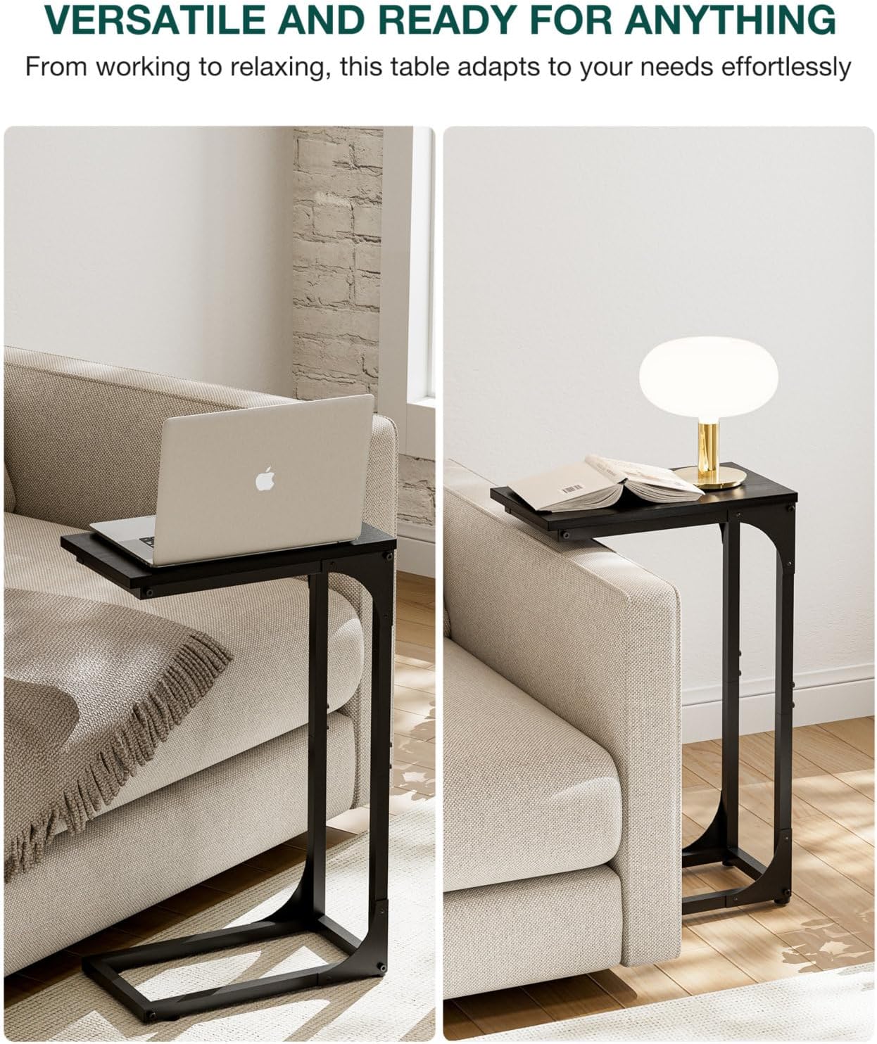 C-Shaped Side Table for Couch - Small Coffee Stand Sofa Tray Desk with Sturdy Metal Frame and Waterproof Scratch Resistant Wood Surface, Modern End Accent for Living Room, Bedroom, Black
