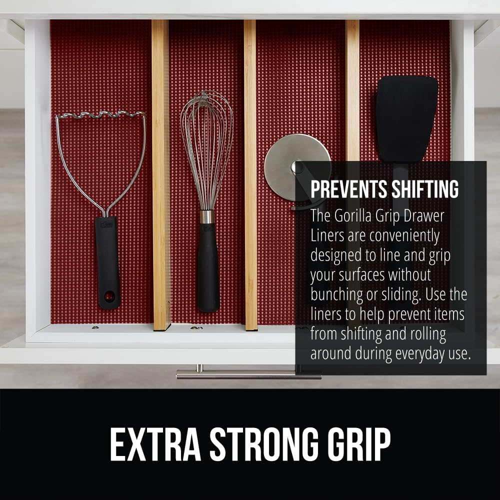 GORILLA GRIP powerGRIP Drawer Shelf and Cabinet Liner, Thick Strong Hold, Non-Adhesive Liners Protect Kitchen Cabinets and Cupboard, Bathroom Drawers, Easy Install, Breathable Mat, 12" x20', Red