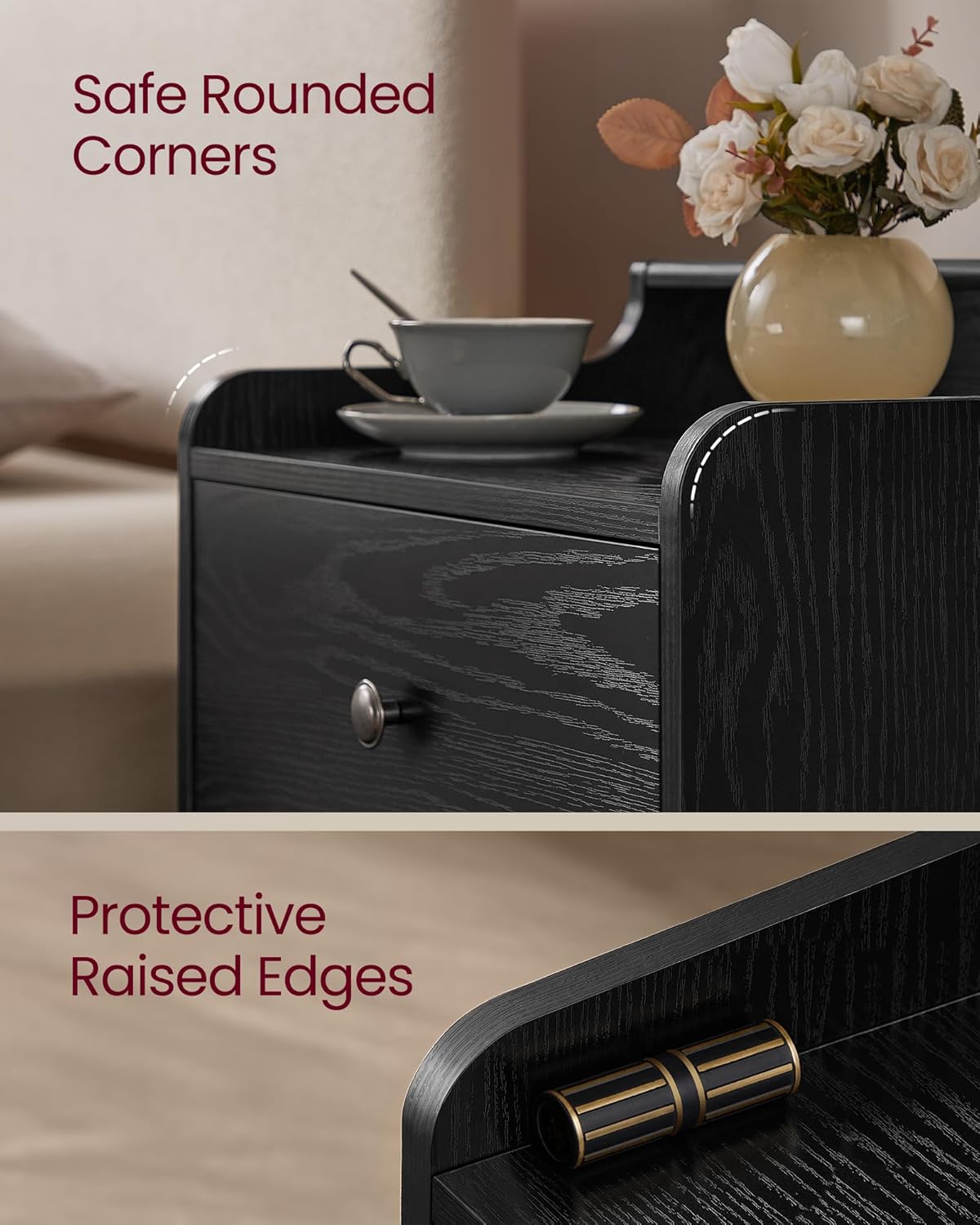 VASAGLE Nightstands, Set of 2, Bedside Tables with Hidden Drawers, Mid-Century End Side Tables with Solid Wood Legs, for Bedroom, Ebony Black ULET624B01