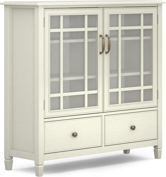 SIMPLIHOME Connaught SOLID WOOD 46 inch Wide Traditional Tall Storage Cabinet in Antique White for the Living Room, Entryway and Family Room