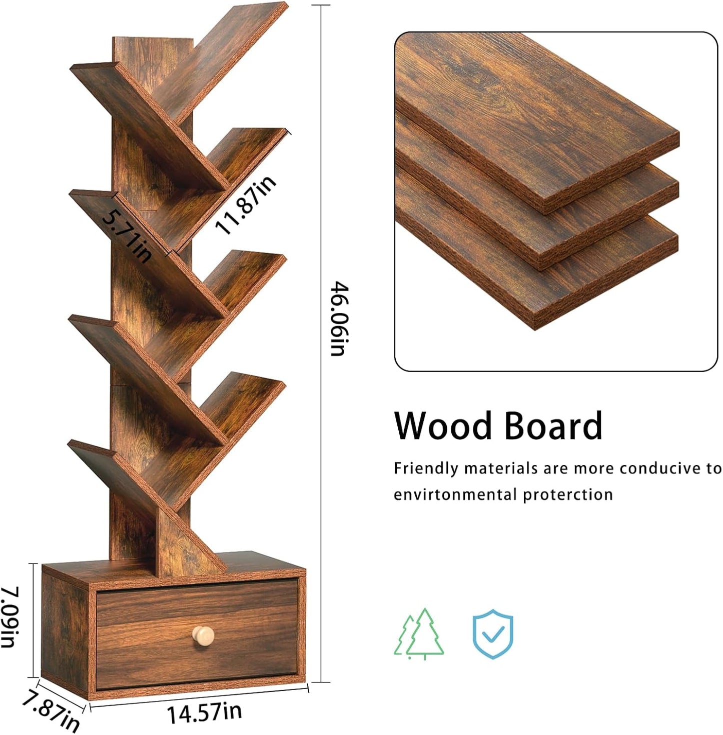 8 Tier Tree Bookshelf with Drawer, Free Standing Wood Bookcase for Narrow Space, Storage Organizer Bookshelves for Books, Book Case for Home Office, Living Room, Bedroom, Rustic Brown