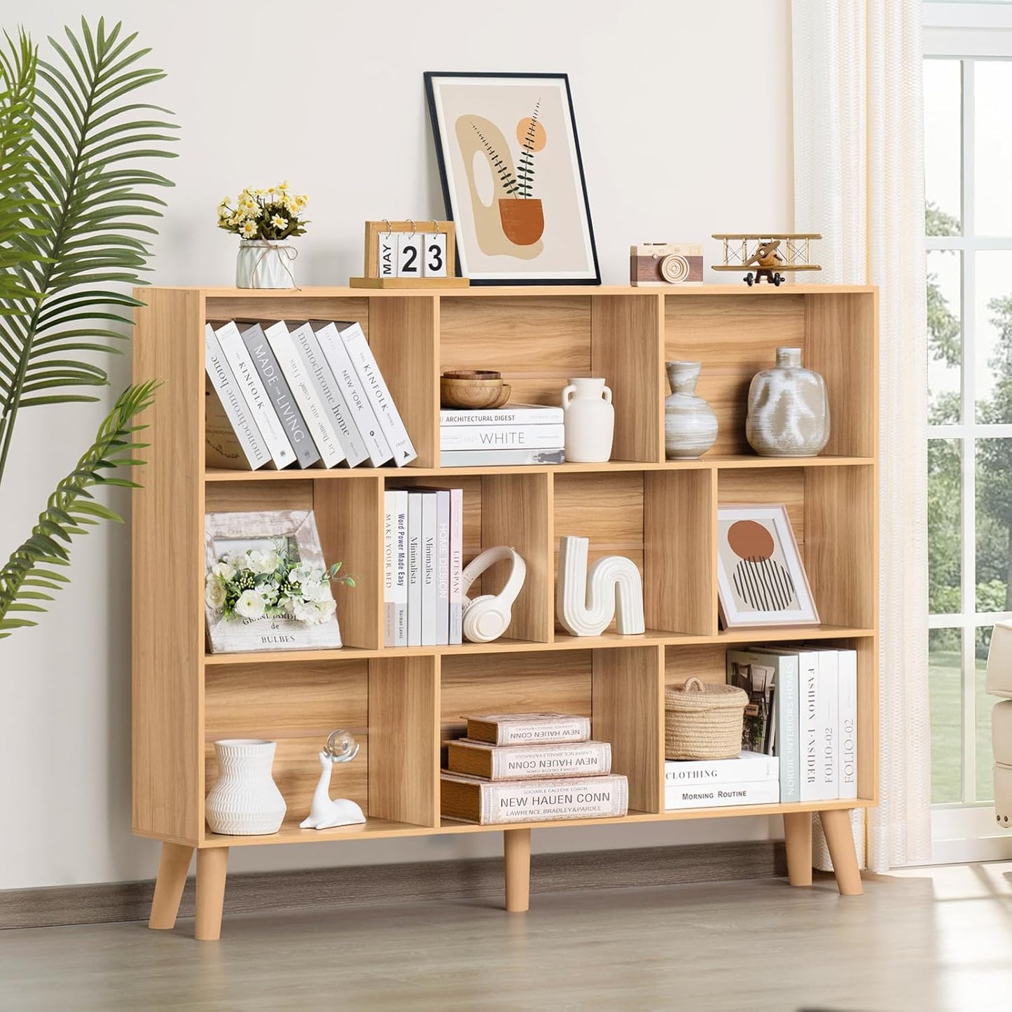 LEYAOYAO 10 Cube Bookshelf,3 Tier 55.12" Wide Boho Bookcase with Legs,Mid-Century Wood Bookshelves Storage,Natural Large Book Case,Freestanding Organizer Display Shelf for Bedroom,Living Room,Office