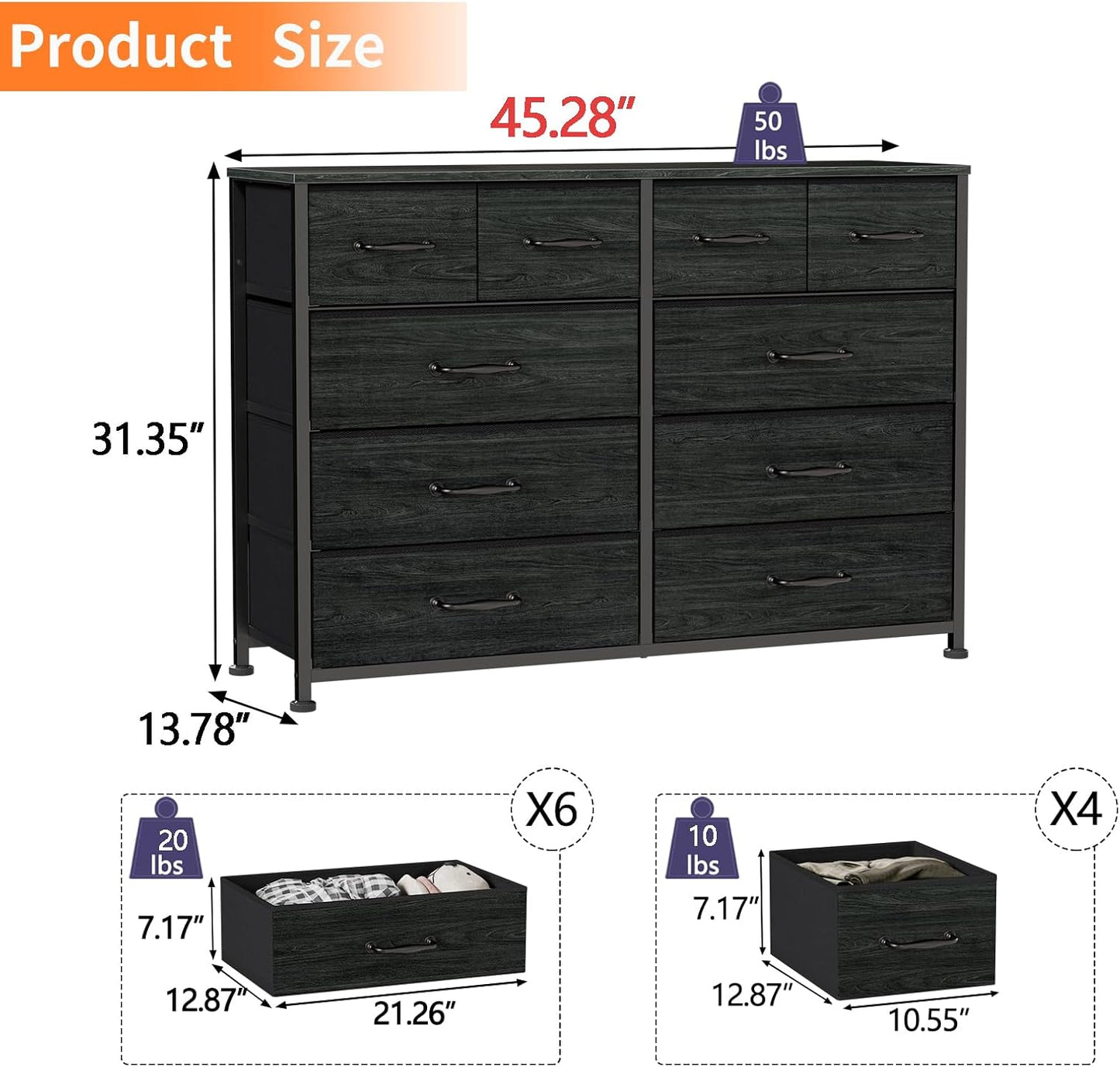 Furnulem Bedroom Dresser for 55”Long TV Stand Entertainment Center Dressers & Chests of Drawers,10 Storage Fabric Drawer, Sturdy Metal Frame Tall Storage Cabinet for Living Room, Entryway, Black Oak