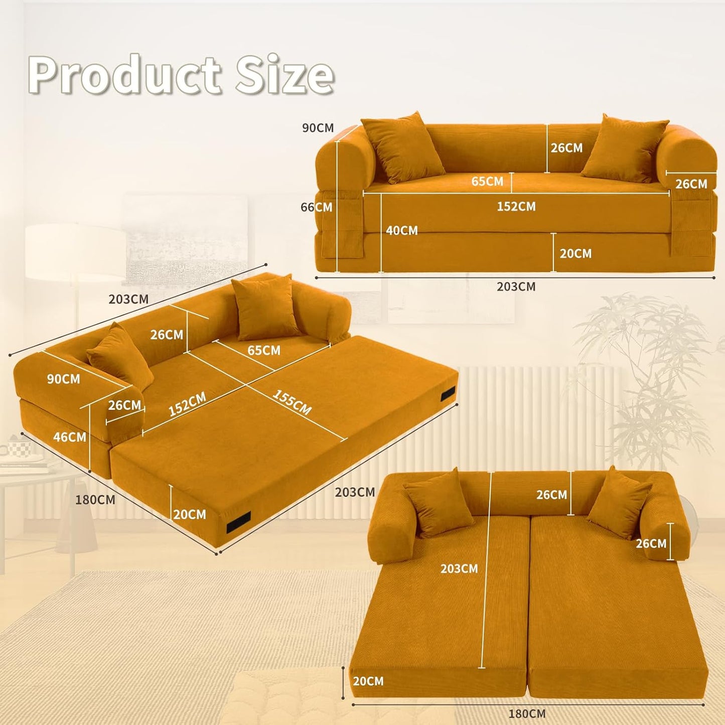 80" Convertible Sofa Bed, Corduroy Deep Seat Folding Pull Out Couch with Pillows, No Assembly Modern Boneless Couch Compression Sofa in Box, Floor Sofa with Storage Pocket for Living Room,Yellow