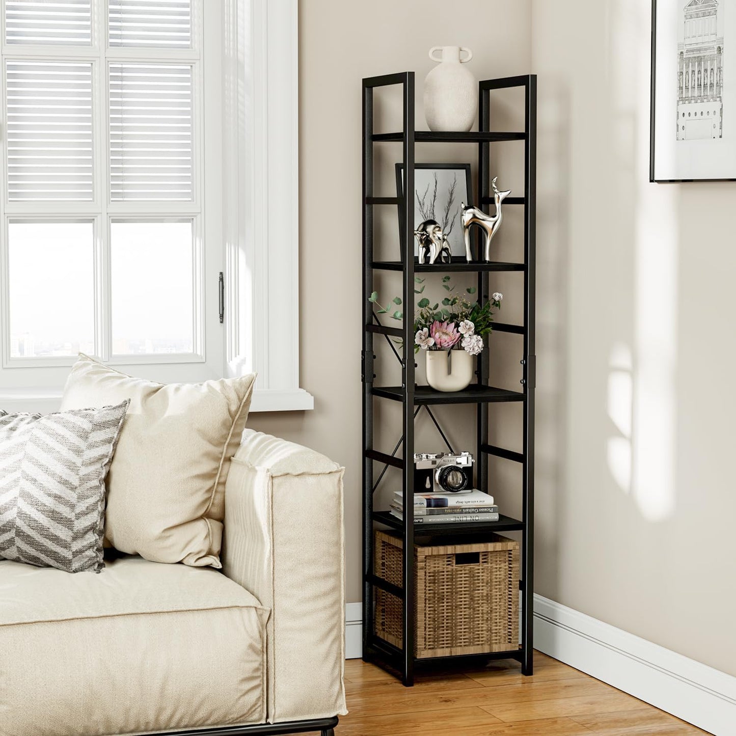 NUMENN 5 Tier Slim Bookshelf, Tall Bookcase Shelf Storage Organizer, Modern Book Shelf for Bedroom, Living Room and Home Office, Black