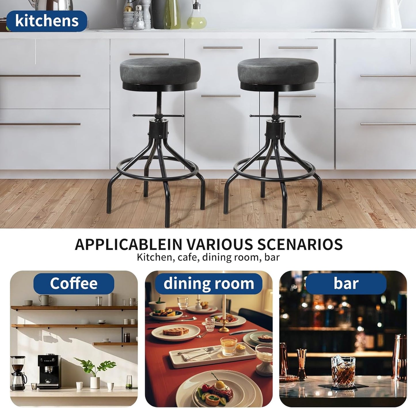 Grey Swivel Bar Stools Set of 2 Adjustable Swivel Round Barstools Modern PU Leather 28inch Industrial Backless Counter Height Stool Bar Chair for Kitchen Island (2, Grey)