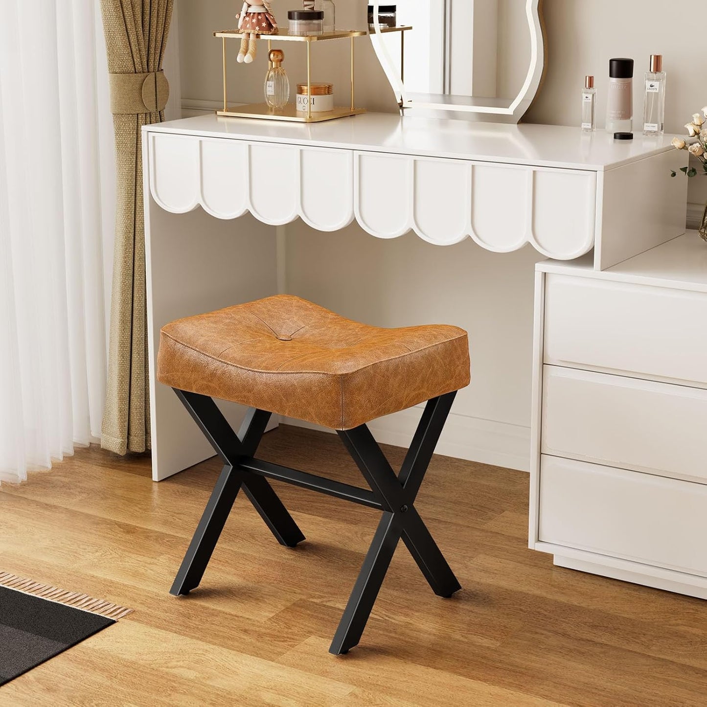 18-Inch Leather Vanity Stool Chair, Vanity Bench with Metal X-Leg, Ottoman Foot Stool with Thick Padded Saddle Seat, Brown