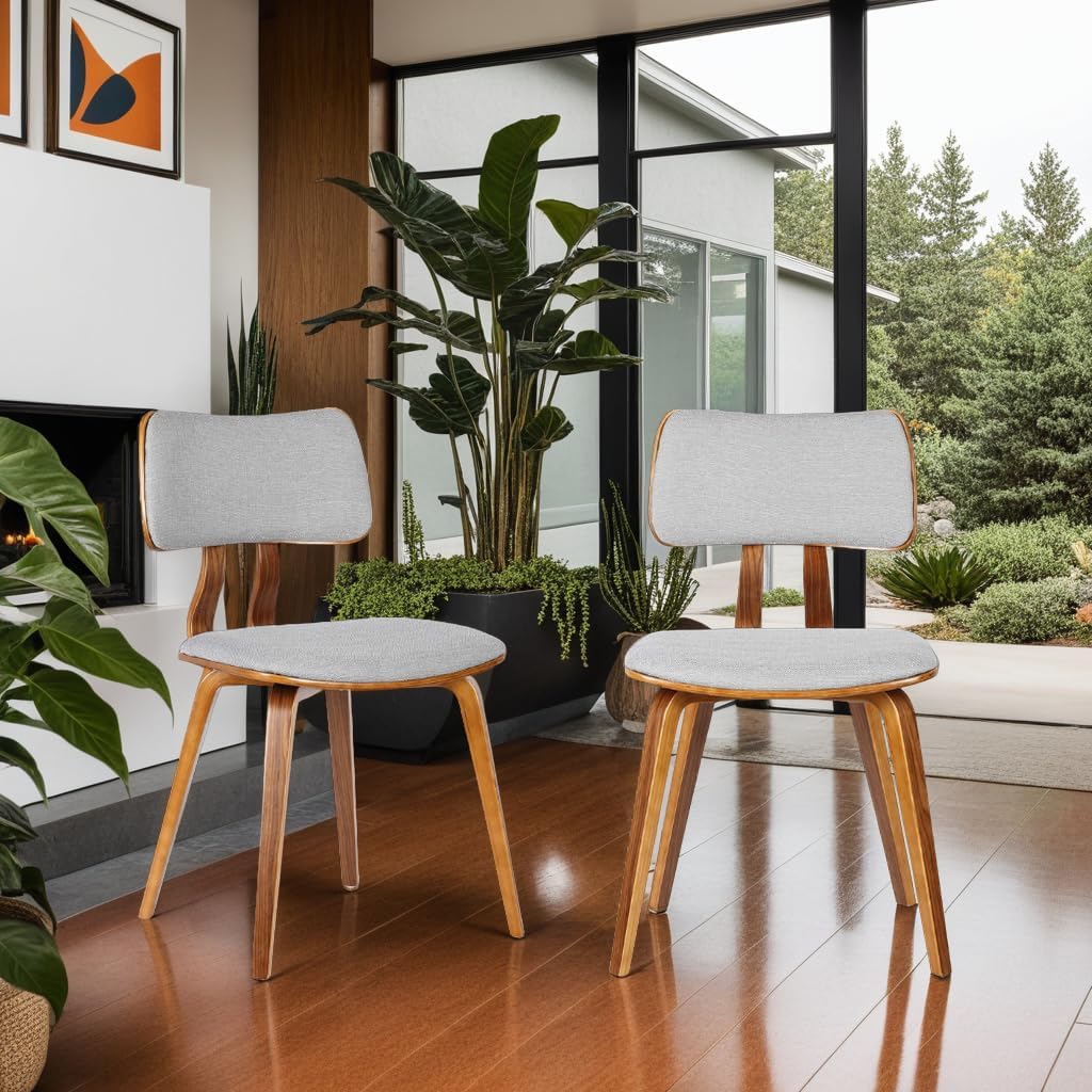 Armen Living Jaguar Mid Century Modern Dining Accent Chair for Kitchen Table Desk Vanity in Grey Fabric and Walnut Wood Finish