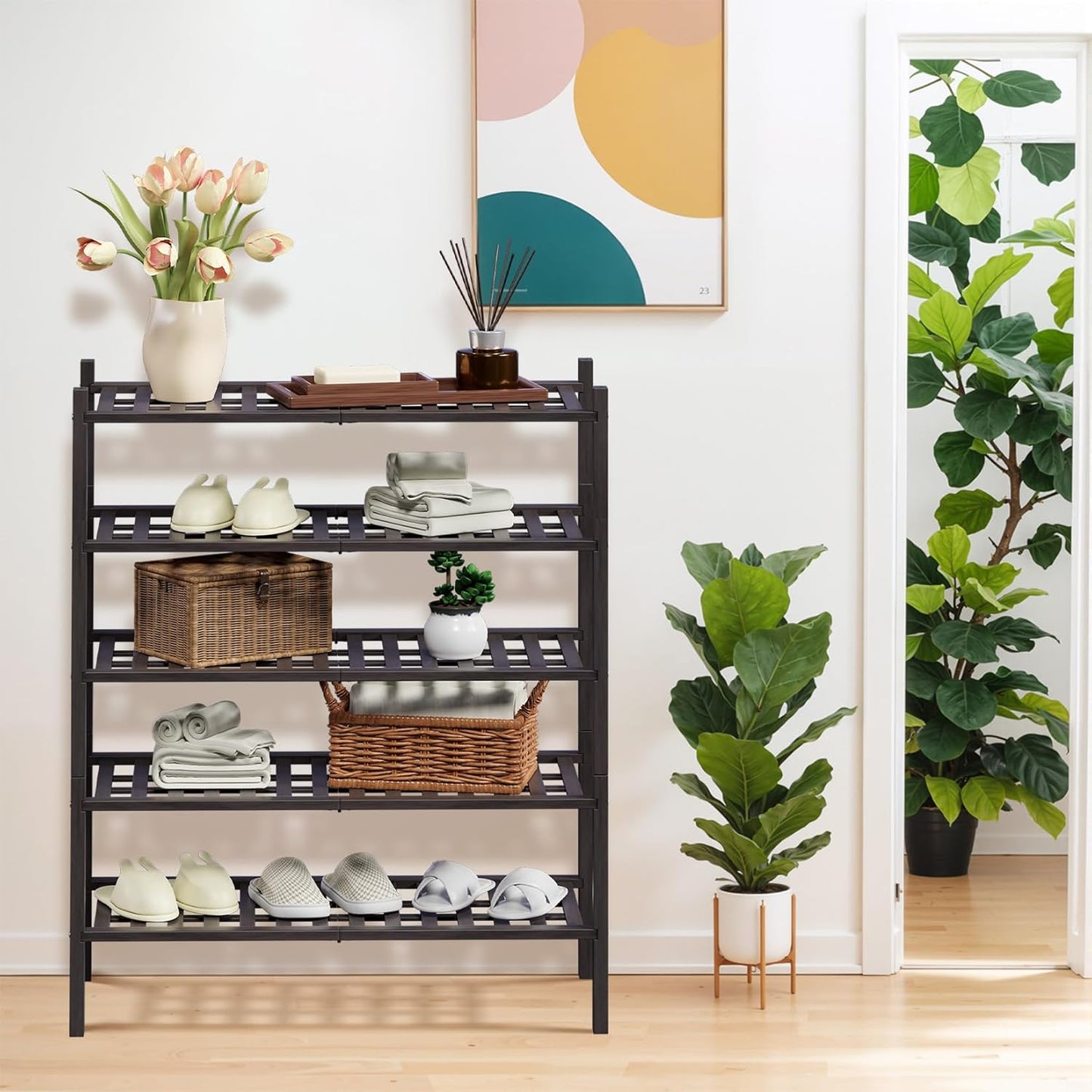 Haddockway 5 Tier Bamboo Shoe Rack Storage Organizer, Multifunctional Free Standing Stackable Shoe Shelf with Grid Panel for Closet,Hallway,Entryway,Small Space 27"x11"x32" (Brown, 5 Tier)