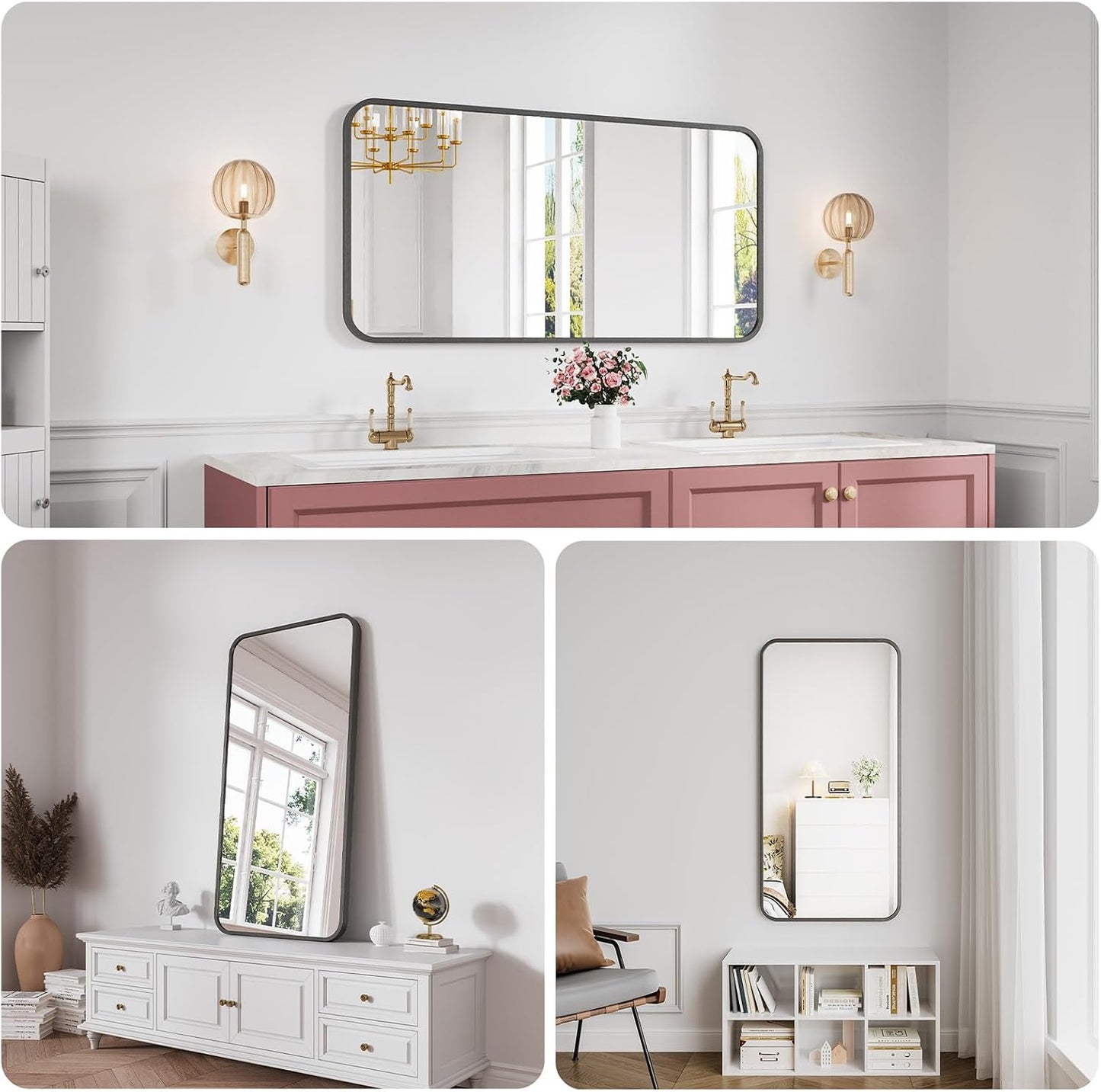 Koonmi Bathroom Mirror, 24X48 Inch Black Metal Framed Mirror for Bathroom, Tempered Glass, Anti-Rust, Rounded Rectangle Mirror for Restroom, Bedroom, Black