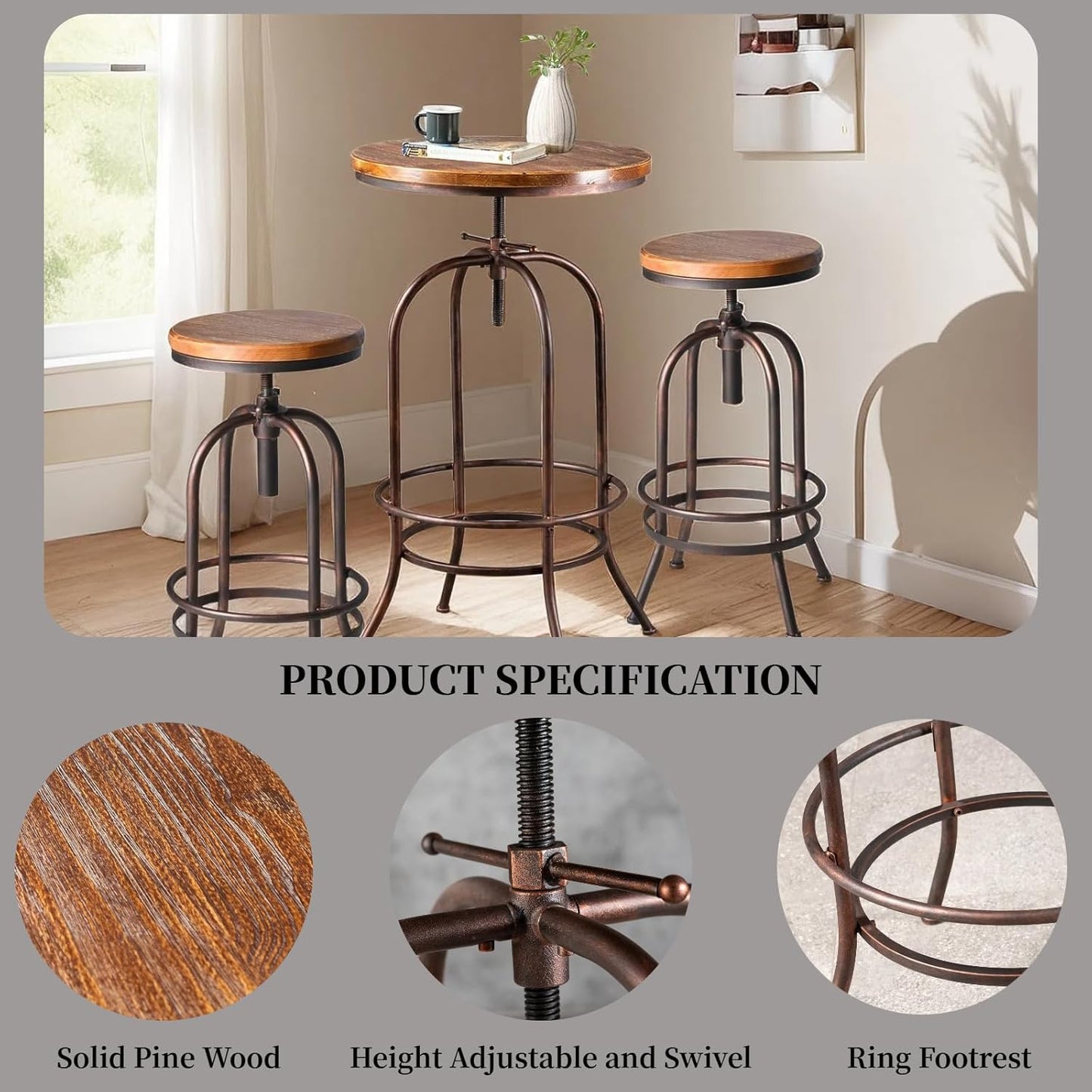 Vintage Bar Table Swivel Industrial Style Pub Table Kitchen Dining Tables Height Adjustable 37.4-45.3inch Coffee Table with Footrest