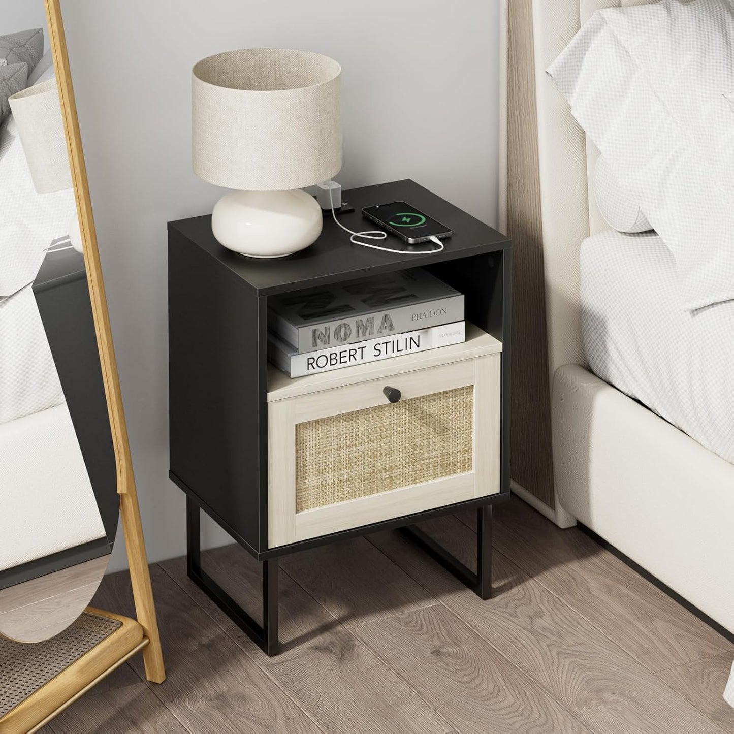 Masupu Boho Night Stand, Small Rattan Side Table, Wood Nightstand with Drawer and Charging Station, Bedside Table with White Shelf, End Table for Bedroom,Living Room,Office (Black Mix White)