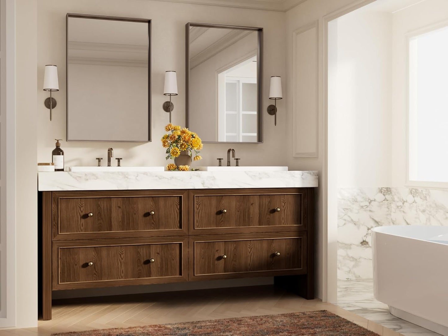 Keonjinn 24 x 36 in Brushed Bronze Bathroom Mirror, Rectangular Metal Frame Farmhouse Wall Mirror, Modern Rectangle Mirrors with Aluminum Alloy Framed for Over Sink(Horizontal/Vertical)