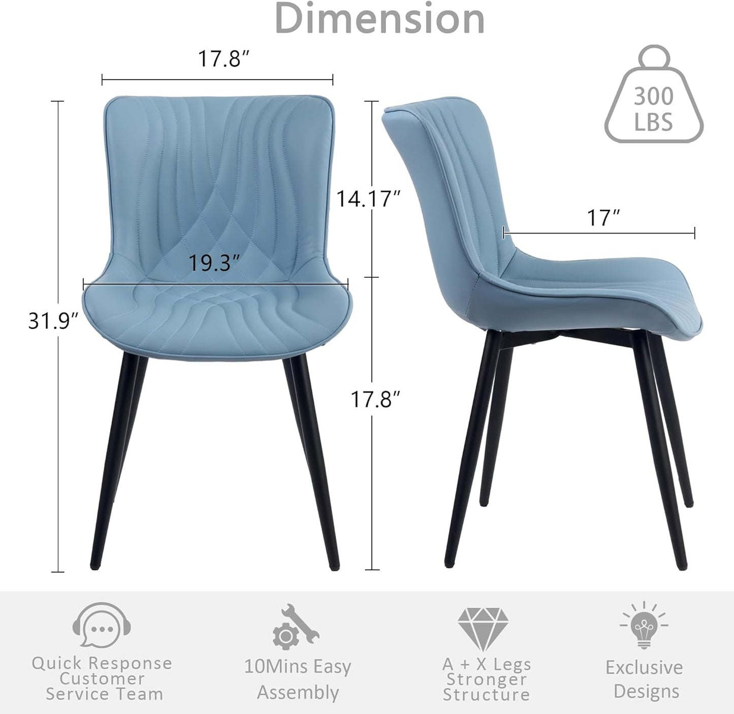 Kidol&Shellder Blue Dining Chairs Set of 2,Faux Leather Upholstered Mid Century Modern Kitchen&Dining Room Chair with Back,Ergonomic Armless Vanity&Living Room Chair with Metal Legs