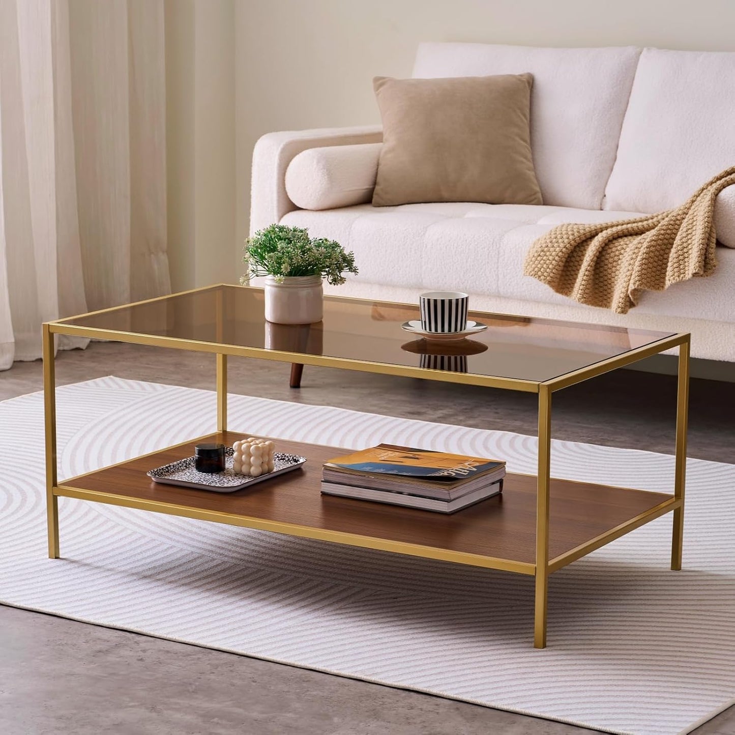 Glass Coffee Table for Living Room and Bedroom, 2-Tier Mid-Century Modern Table with Amber Tempered Glass Top and Walnut Finish Wood Shelf, Metal Legs with Gold Finish