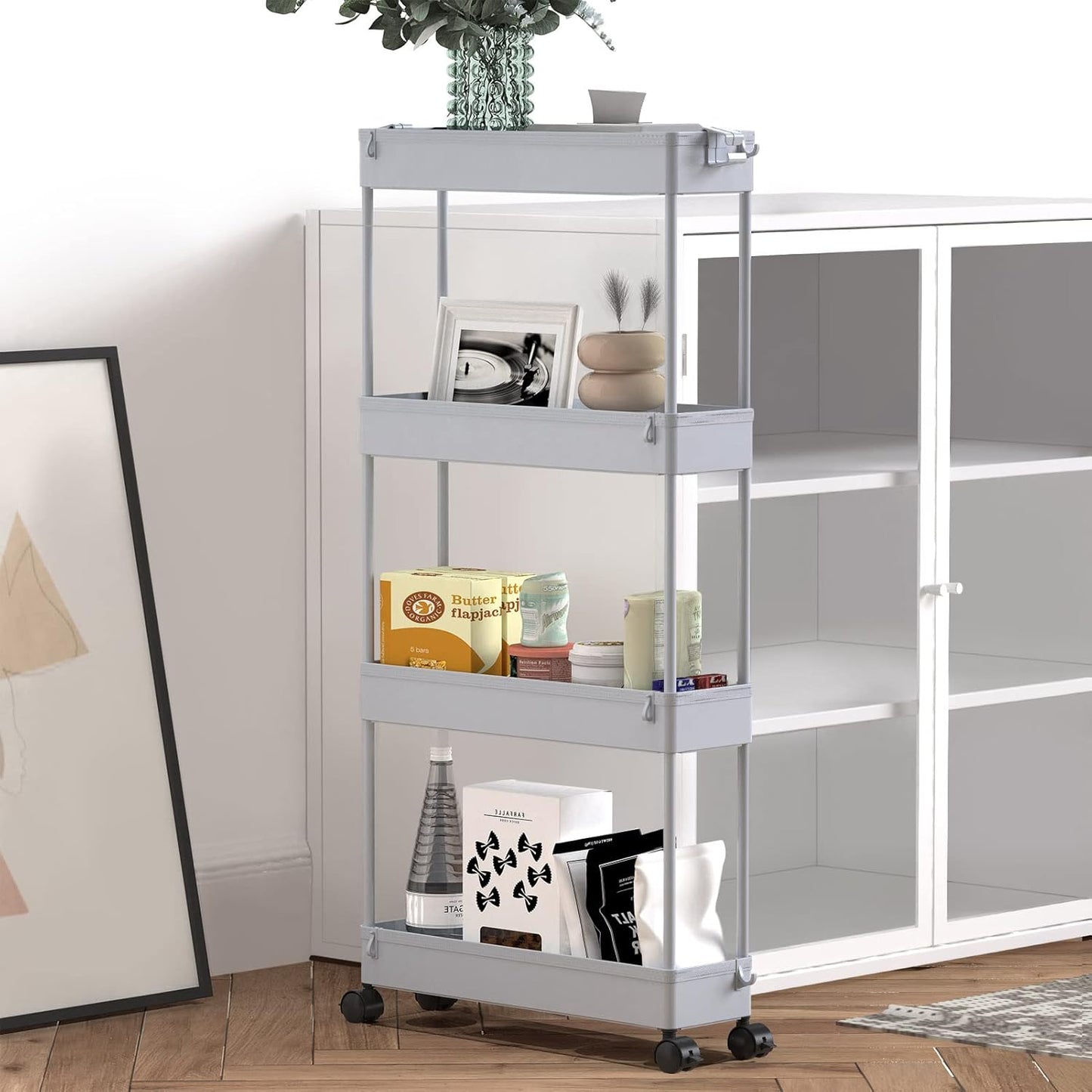 SPACELEAD Slim Storage Cart 4 Tier,Bathroom Organizer Rolling Utility,Mobile Shelving Unit Slide Out for Office, Kitchen, Laundry Room & Narrow Places,Gray