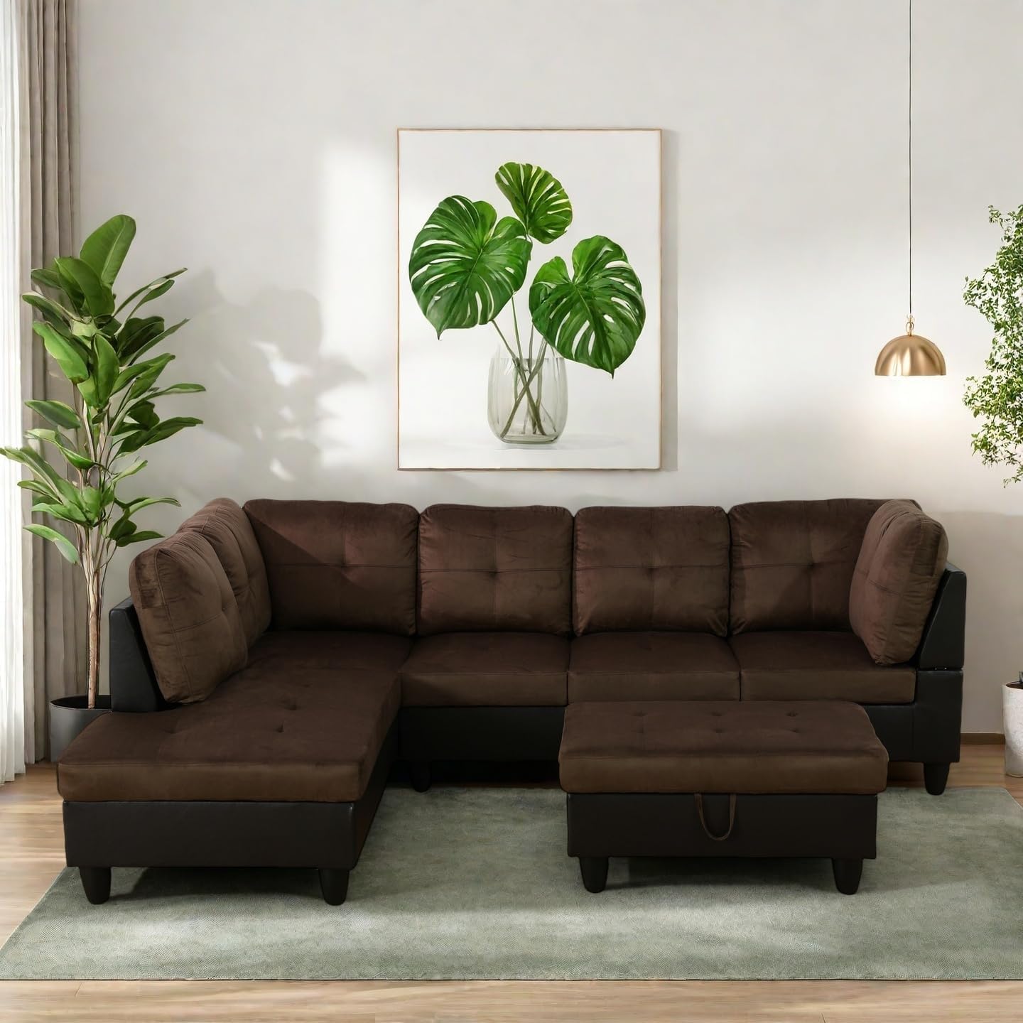 Modern Living Room Furniture Sets with Pillows, Modular Sectional Couches with Chaise Lounge, 4-Seaters L Shape Sofa with Storage Ottoman, for Living Room, Brown