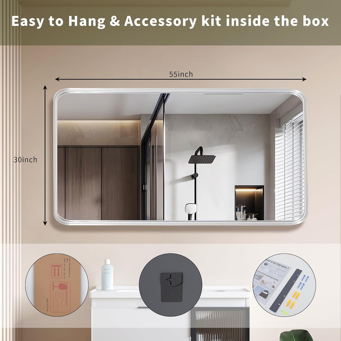 30x55 Silver Bathroom Mirror concave Frame,Wall-Mounted Mirrors,Mirror for Bathroom,Bathroom Mirrors Pair,Bathroom Vanity Mirror,Espejo para baño