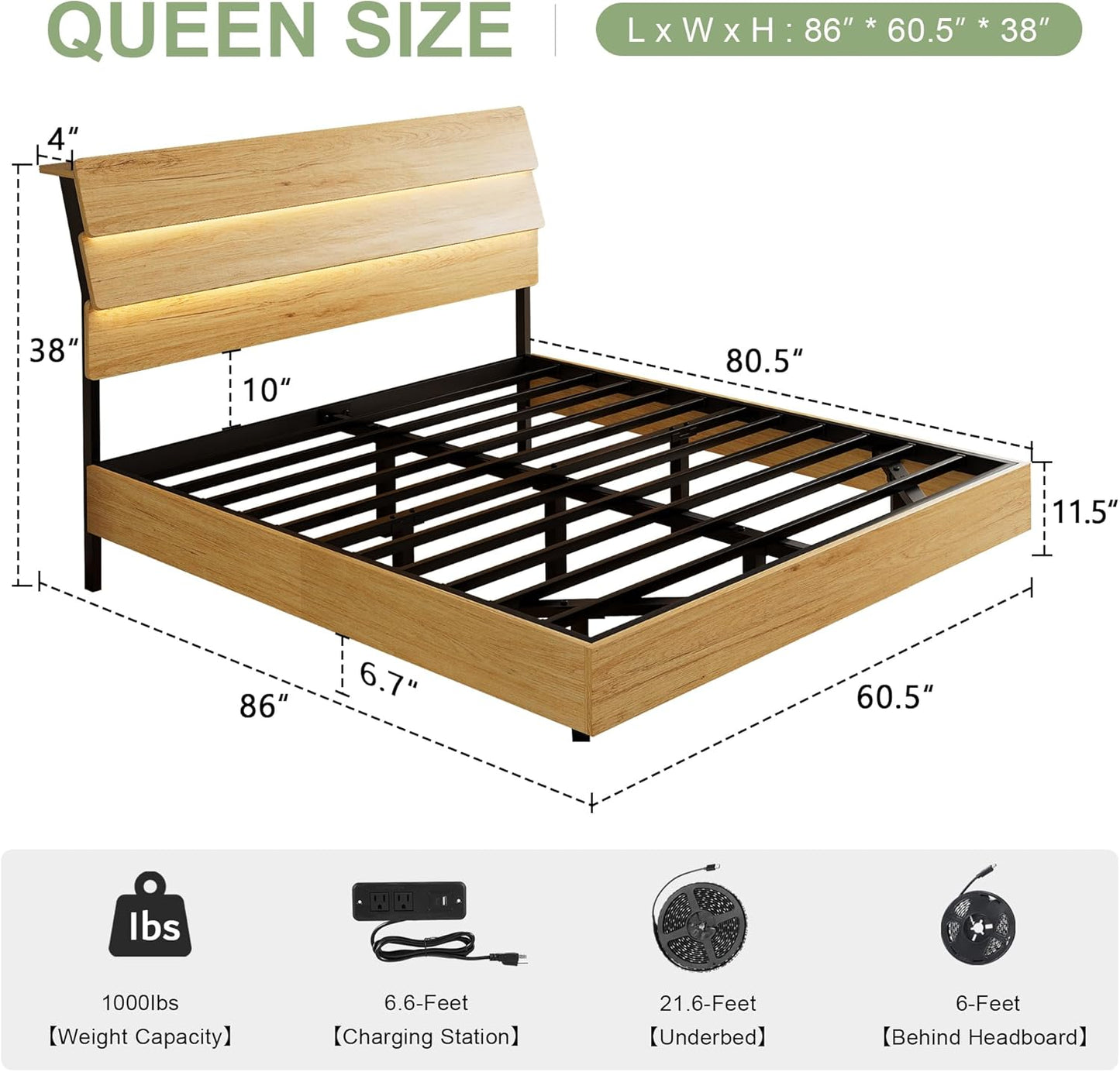 Feonase Floating Bed Frame Queen with Led Lights and Charging Station, Wood Full Size Bed Frame with Storage Headboard, Heavy Duty Metal Slats, No Box Spring Needed, Easy Assembly,Oak