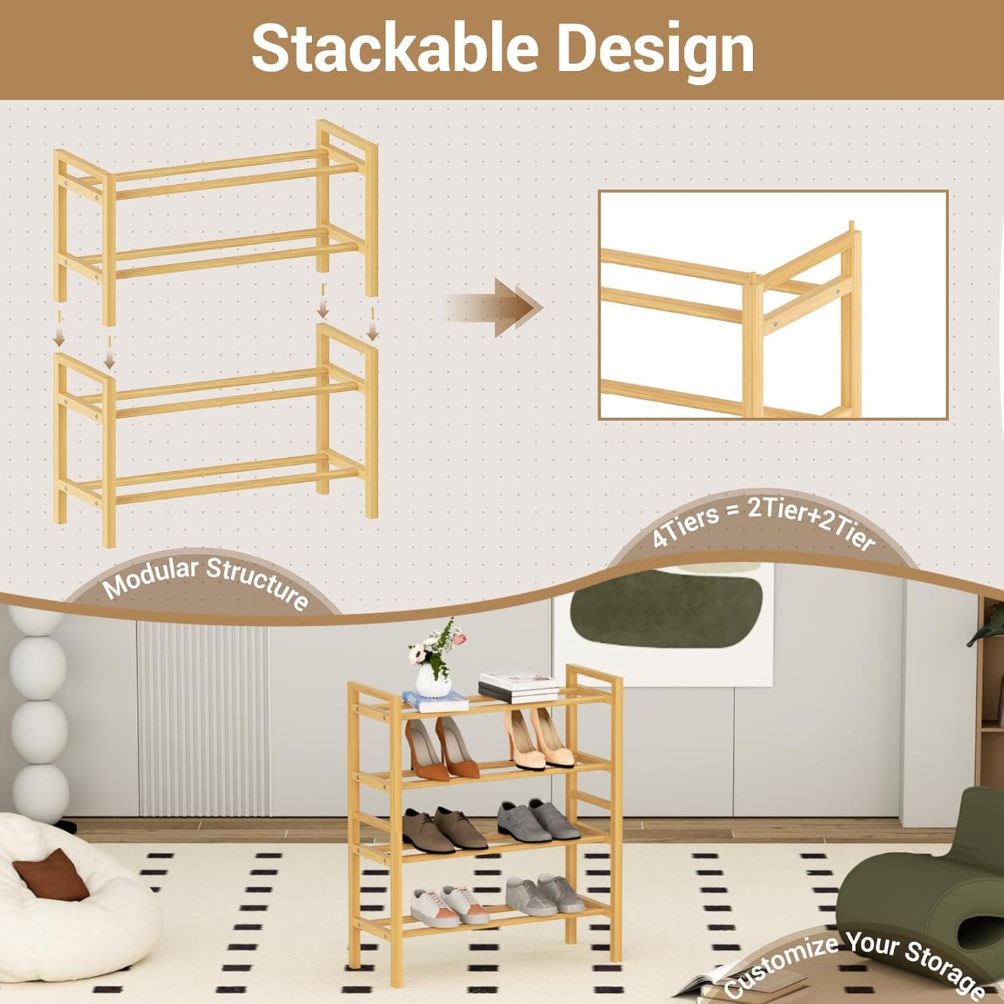Haddockway Bamboo Shoe Rack for Closet, Free Standing Shoe Organizer with Smooth Round Rods & Convenient Handles, Stackable Shoe Storage Shelf for Entryway, Hallway(Natural, 4-Tier(Small))