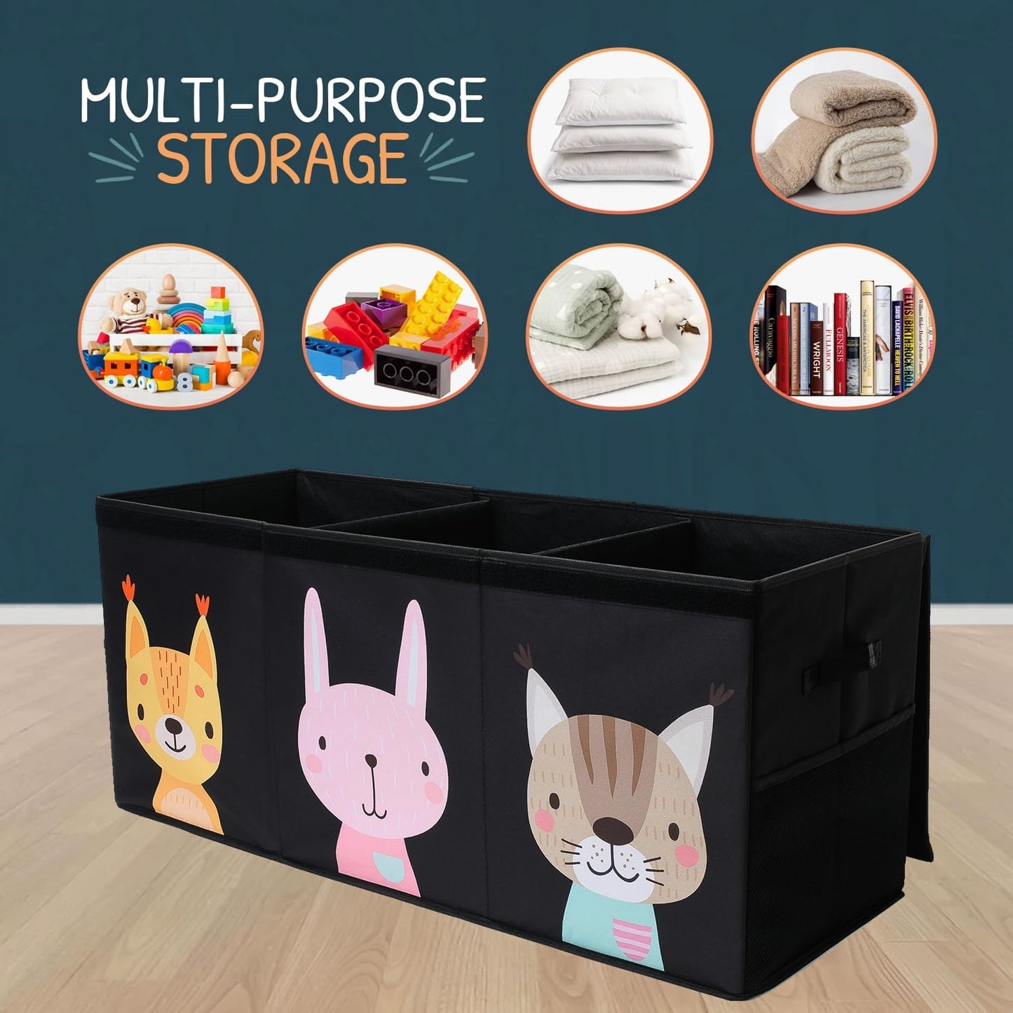 Extra Large Toy Storage Organizer with Lid - Sturdy, Collapsible Toy Chest Storage Box with Cute Design - Toys Bin with Dividers for Kids, Boys, Girls, Nursery, Bedroom, Play room 37"x16"x14"