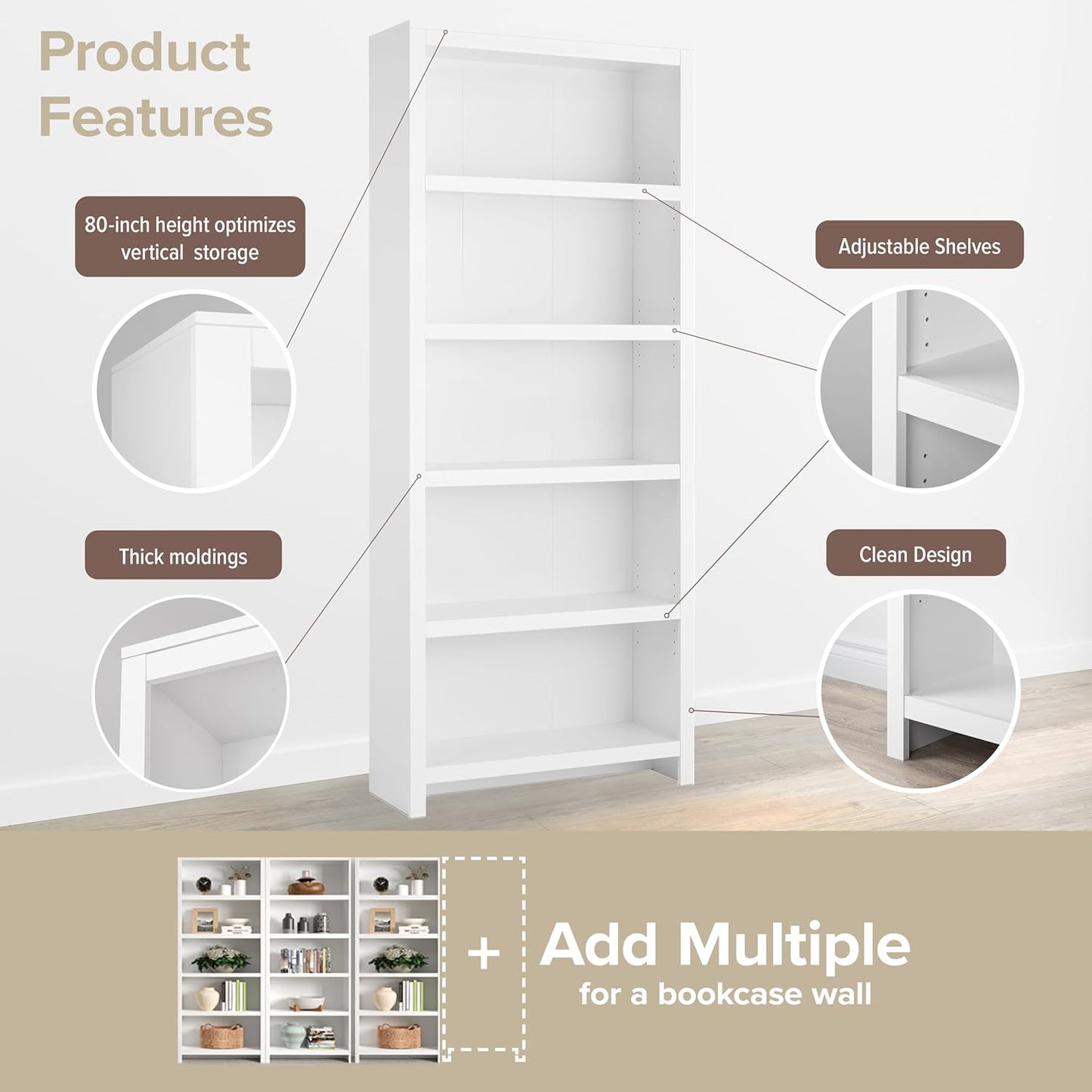Prepac Moda 5-Tier Tall Wooden Bookcase, White Storage Cabinet, Display Cabinet, Bookshelf with Storage Shelves 31.75" W x 80" H x 12" D for Home Office, Living Room, Bedroom Organizer