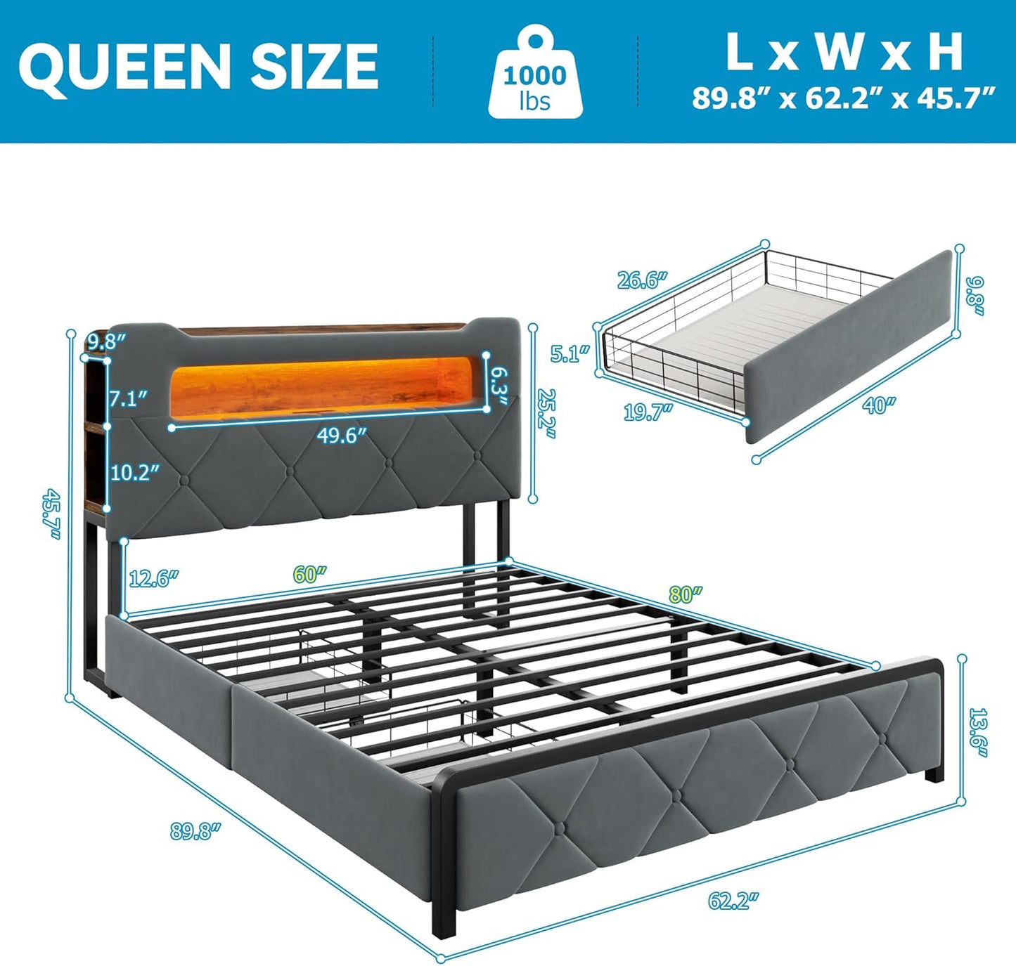 Queen Upholstered LED Bed Frame with 2 Storage Drawers and 2-Tier Storage Headboard, Velvet Platform Bed with Charging Station & Bookcase, Heavy Duty Metal Support, No Box Spring Needed, Grey