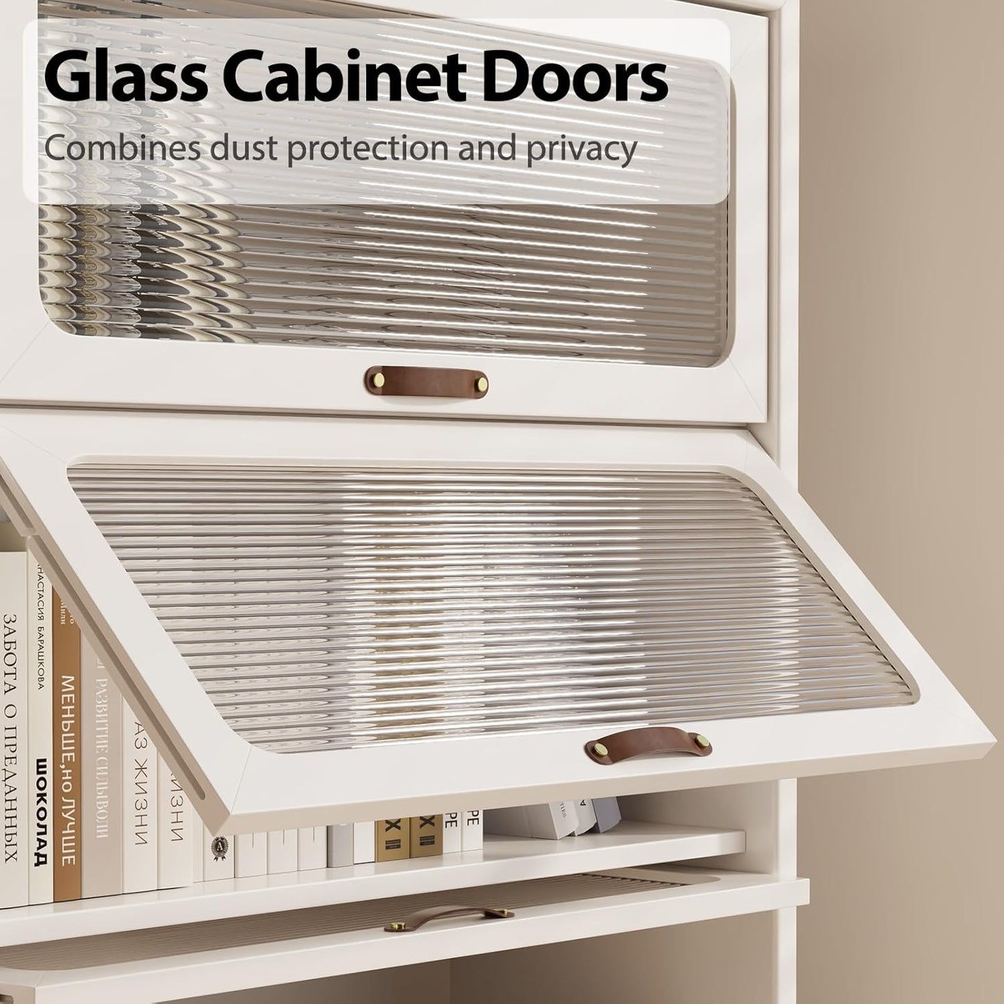 Solid Wood Storage Cabinet with Glass Doors, 3 Shelf Small Storage Cabinet, Mid Century Modern Bookcase, Kitchen Pantry Cabinet (White, 31.5" W)