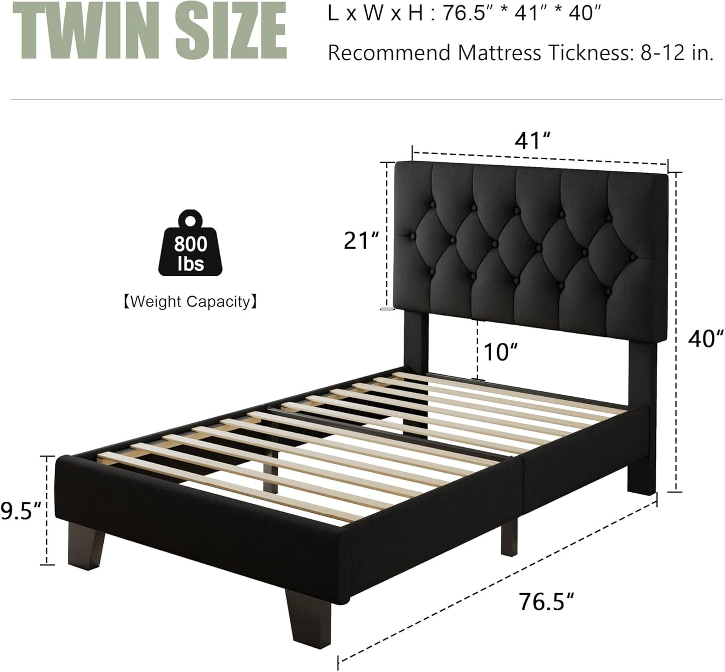 Feonase Twin Platform Bed Frame with Button Tufted Headboard, Upholstered Linen Bed with Wooden Slats Support, No Box Spring Needed, Noise-Free, Easy Assembly, Black