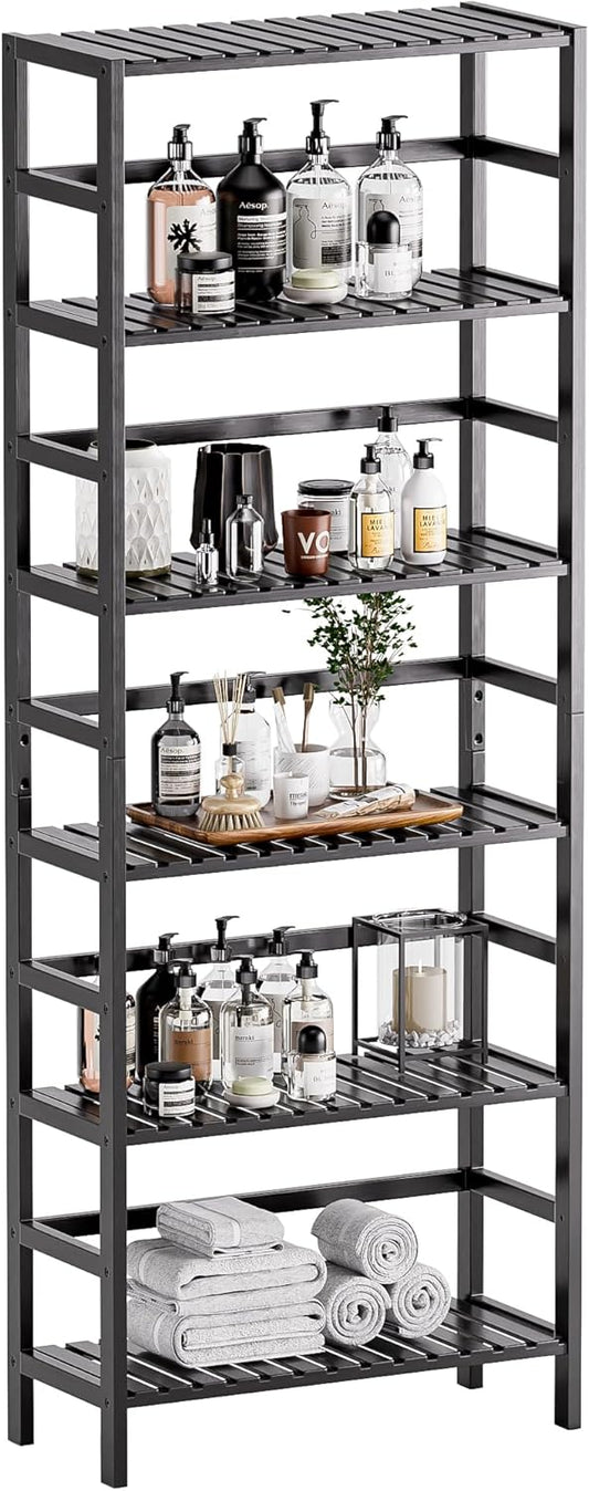 HITNET Bamboo Bookshelf, 6-Tier Tall Open Bookcase with Adjustable Shelves, Floor Standing Storage Shelf Unit for Living Room Bathroom Home Office, Black