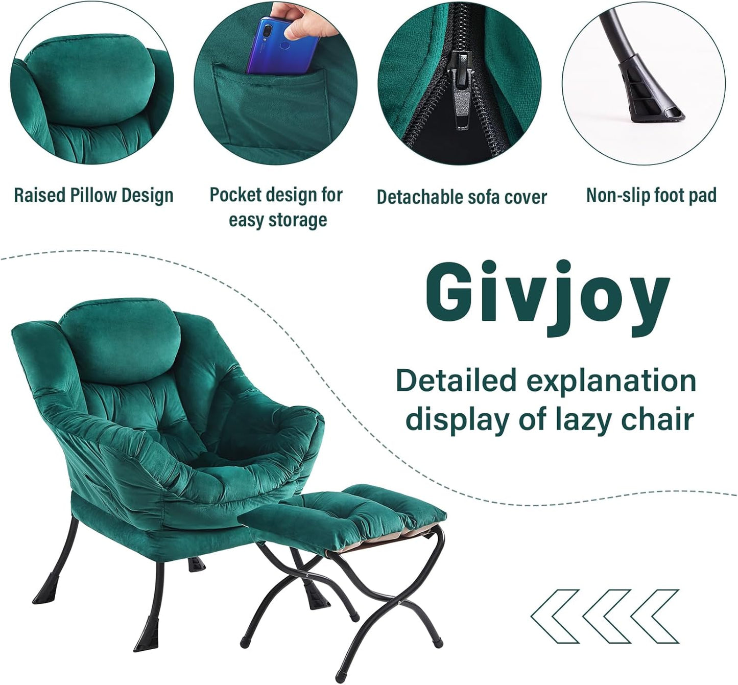 Lazy Chair and Ottoman, Large Accent Lounge Chair with Armrests and a Side Pocket, Modern Leisure Upholstered Sofa Reading Armchair with Footrest for Bedroom, Living Room, Dorm Rooms, Office