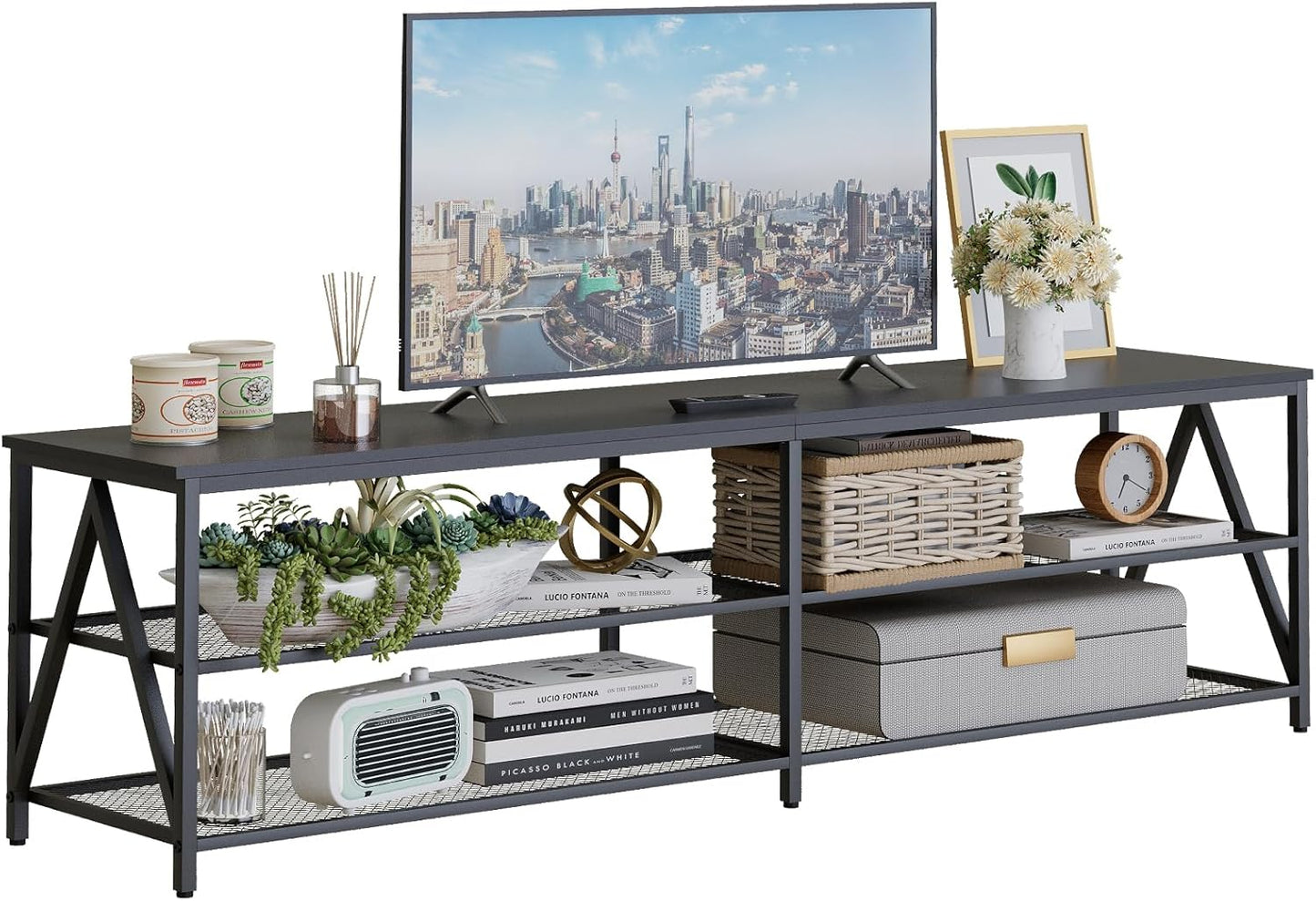 TV Stand for TVs up to 75 Inch, 70" Long Industrial TV Console Table with 3-Tier Storage Shelves, Entertainment Center for Living Room, Bedroom (Black)