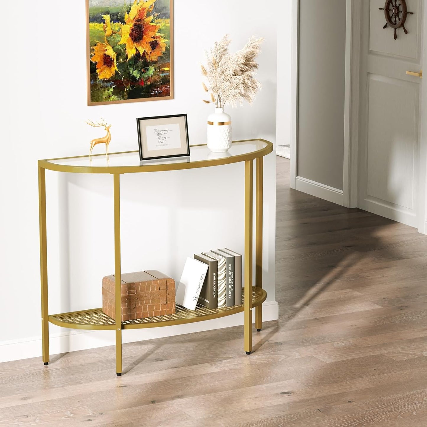 SAYGOER Glass Half Moon Console Table 2 Tier Narrow Entryway Table with Gold Metal Frames, Modern Couch Table Small Entry Way Tables, Easy Assembly, Clear Glass Gold Frames