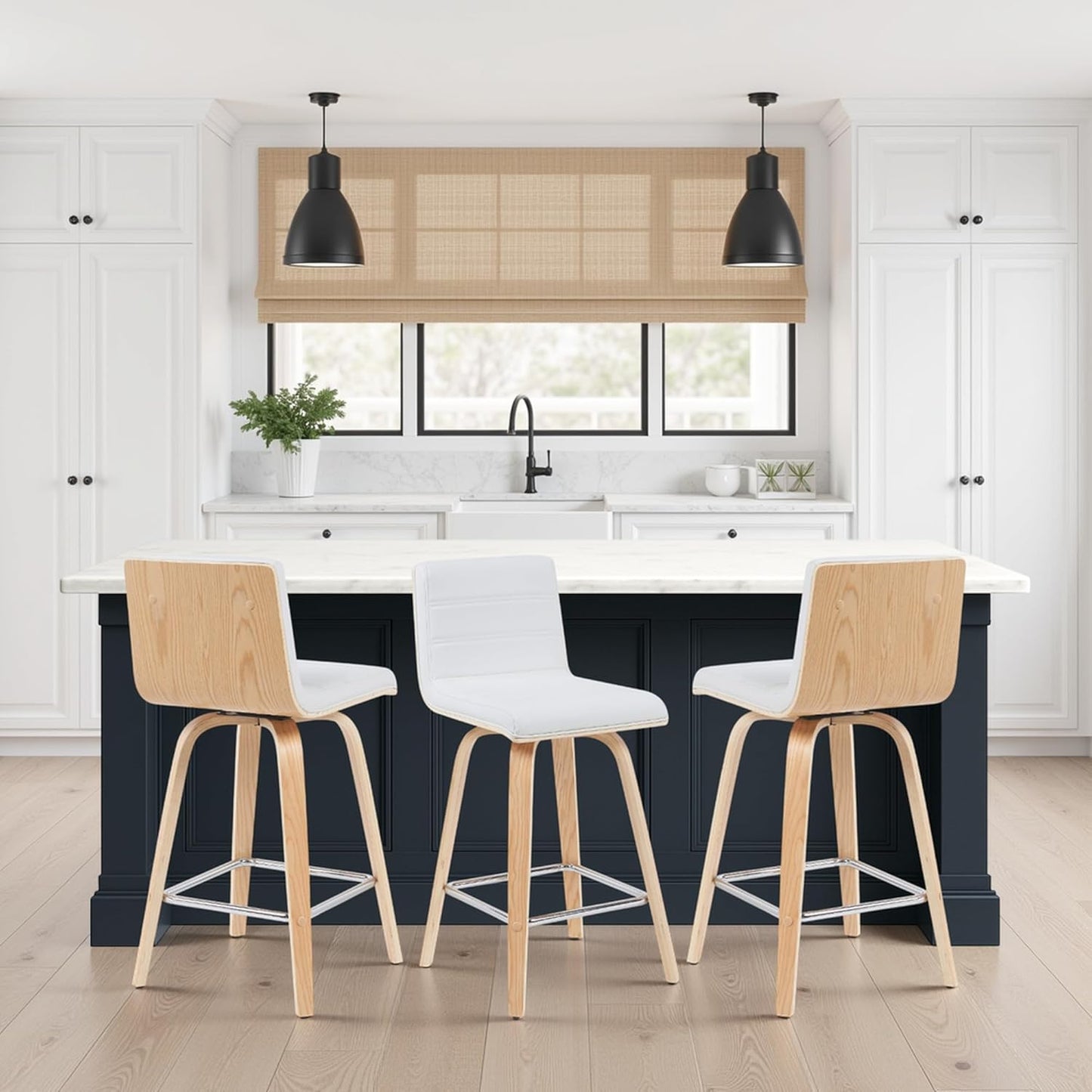 Vienna Modern Counter Height Swivel Bar Stool with White Faux Leather Seat and Patterned Oak Wood Frame Set of 3