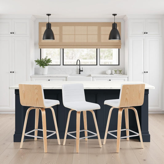 Armen Living Vienna Modern Swivel 26" Counter Height Barstool with White Faux Leather and Patterned Oak Wood Finish